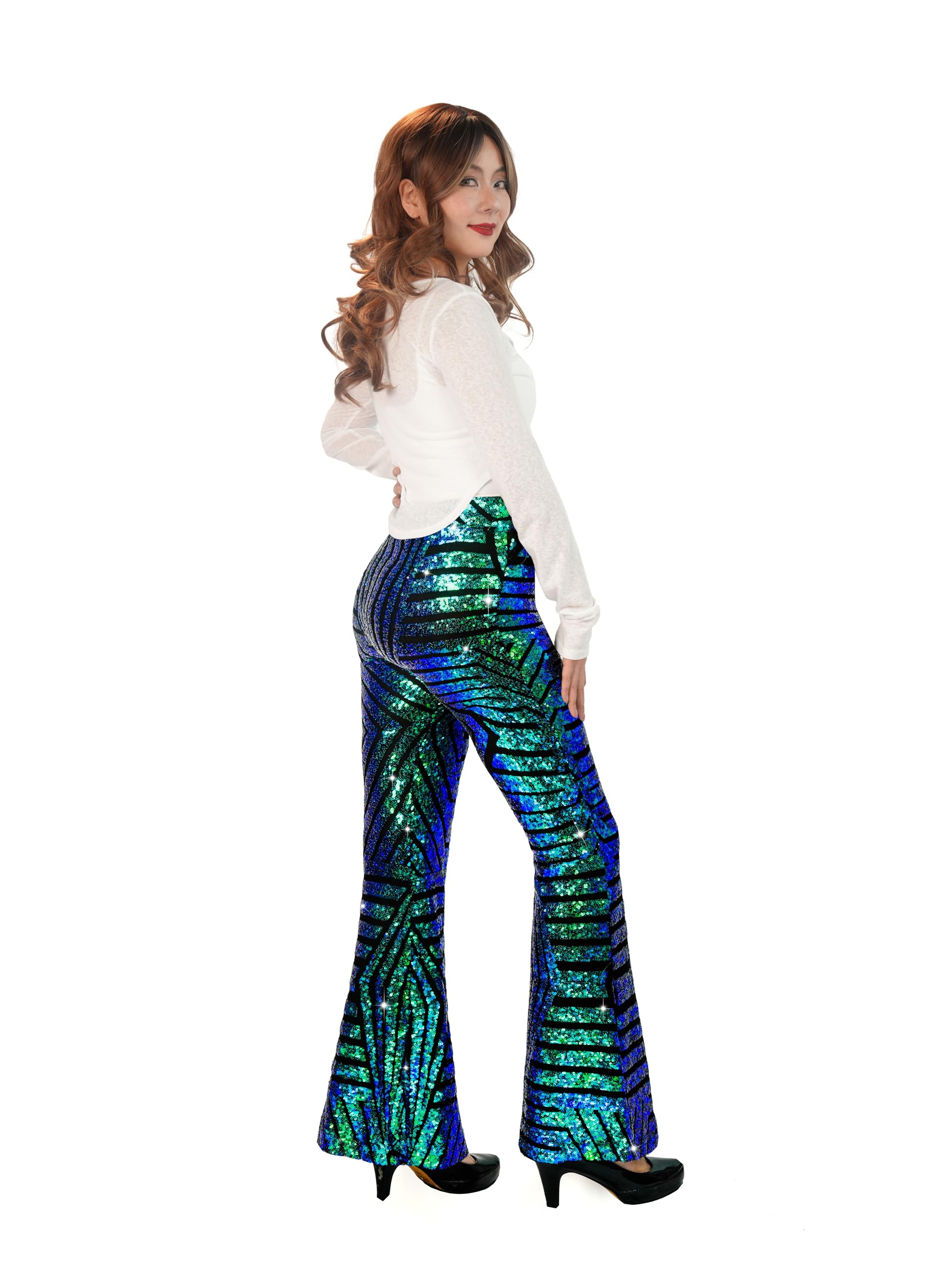Nawgut Pantalones acampanados de lentejuelas con purpurina brillante de cintura alta, pantalones acampanados para fiesta de discoteca, ropa de club para mujer
