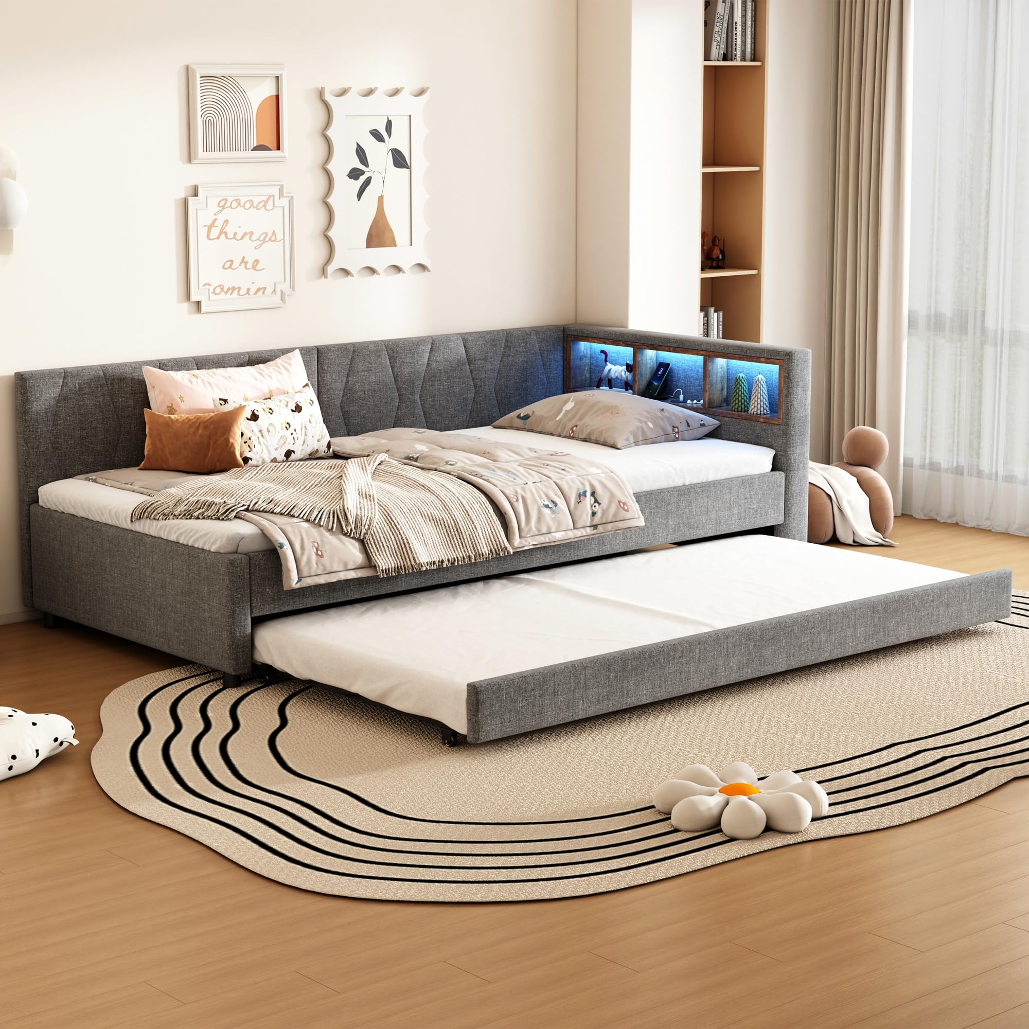 Dolamaní Łóżko tapicerowane 90 x 200 cm, z diodami LED i USB + typ C, łóżko ze stelażem i łóżkiem wysuwanym, dla dzieci, łóżko młodzieżowe, łóżko funkcyjne, łóżko pojedyncze, lniane, bez materaca