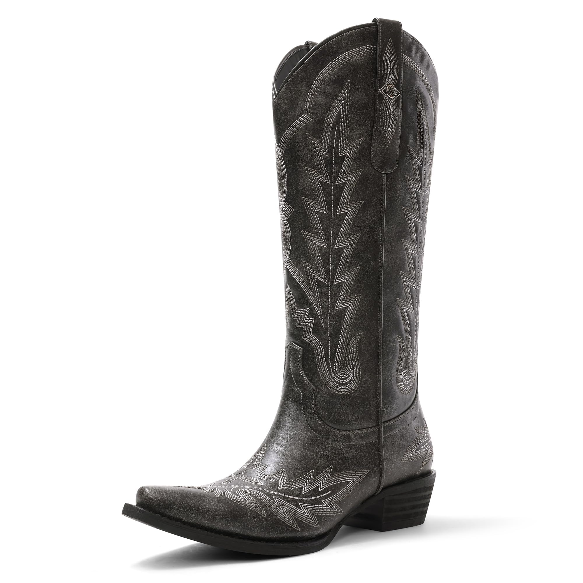 USIMAD Cowboy Boots for Women Cowgirl Pull On Mid Calf Boots Embroidery Pointy Toe Chunky Heel Western Boots