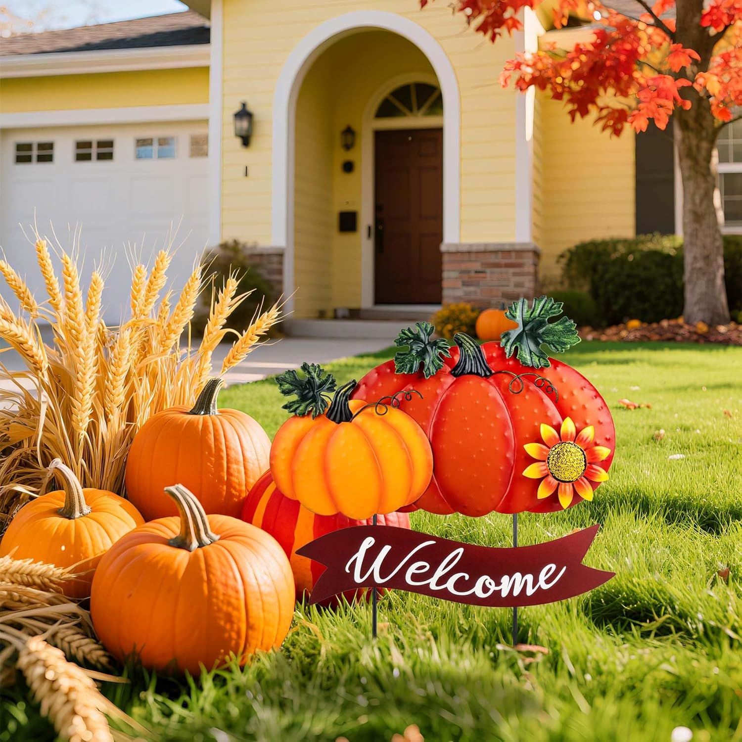 Fall Decorations for Home Outdoor - 21.2" Metal Pumpkin Yard Stakes with 2-Pumpkin Welcome Sign & Glitter Sunflower - Decorative Garden Stakes for Outside Garden Yard Lawn Patio Porch Decor