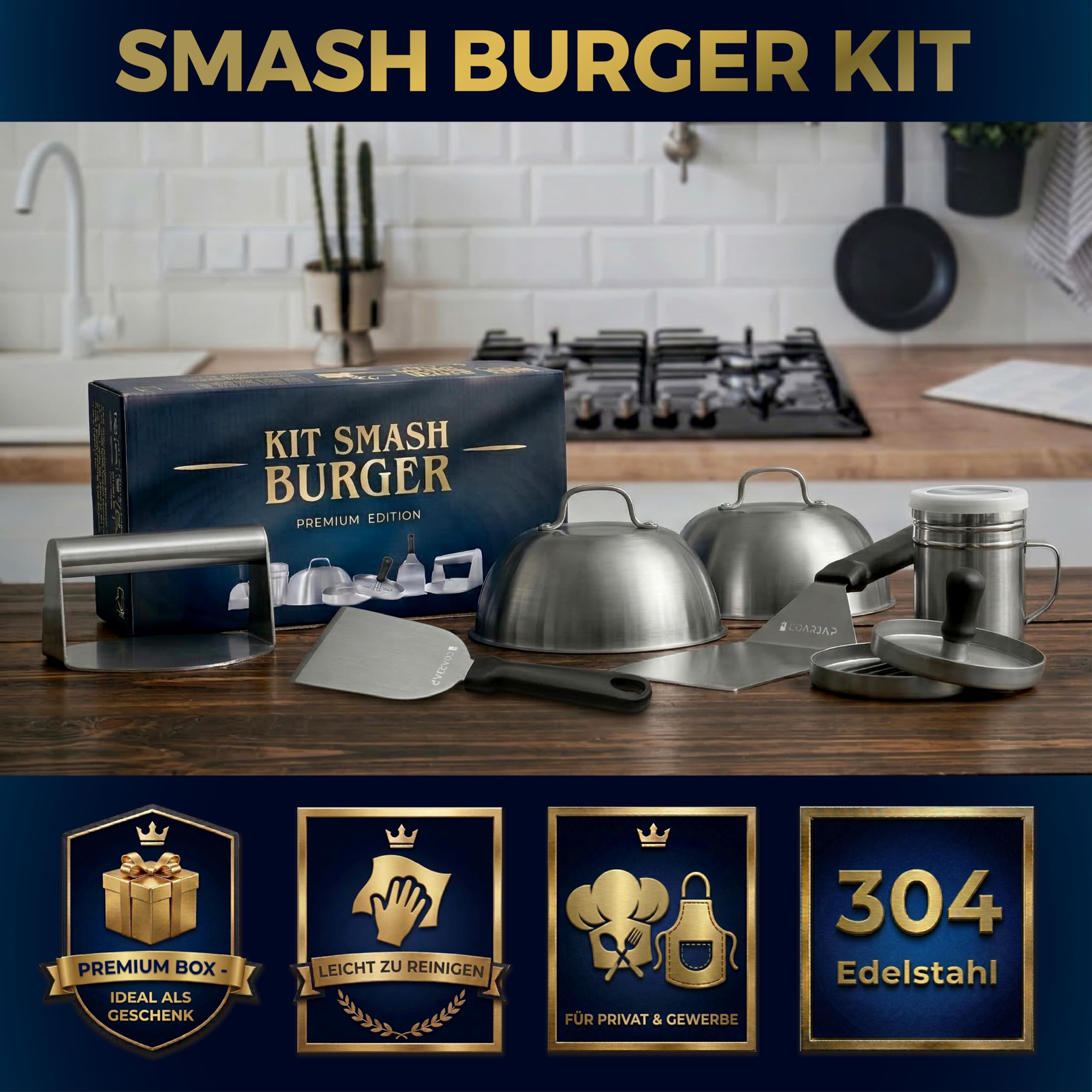 Smash Burgerpresse Set Premium - 7-teilig - Burger Smasher Set Grill aus Edelstahl 304-2 Burgerglocken, Grillspachtel Set, Gewürzstreuer + 60 Antihaftpapier - Grill Zubehör Burger