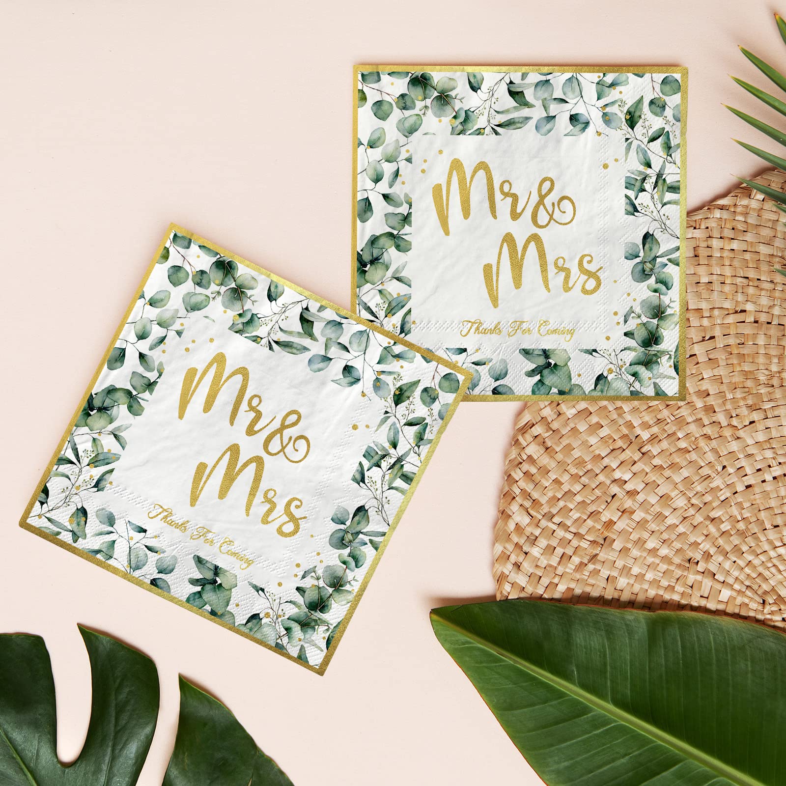 AnyDesign 100 Stück Hochzeit Servietten 16,5 cm grüne Folie Gold Mr & Mrs Luncheon Servietten Eukalyptus Blätter Einweg Dekorative Abendessen Papierservietten für Brautdusche Verlobung Hochzeit Party