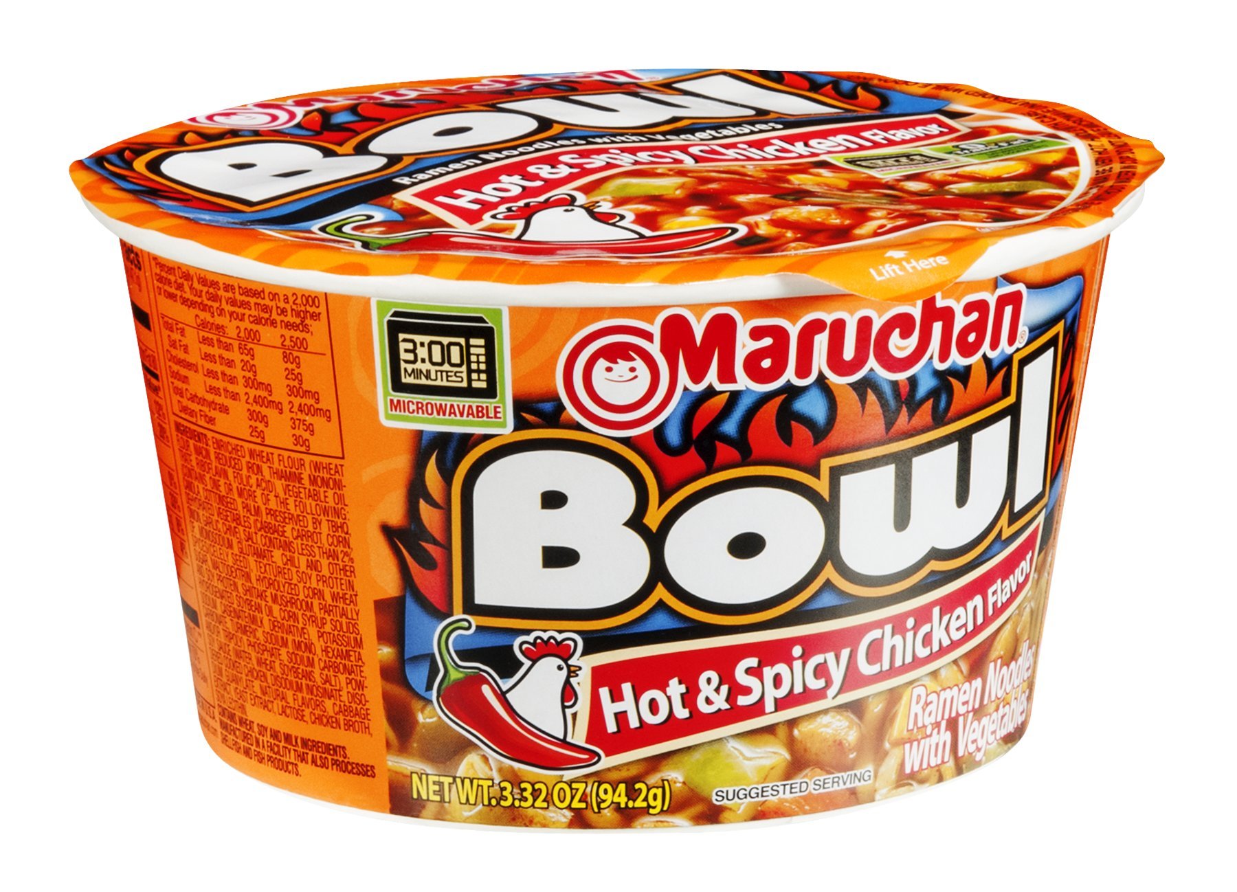 Maruchan Bowl Hot & Spicy Chicken Flavor Ramen Noodles with Vegetables 3.32 OZ (Pack of 18)