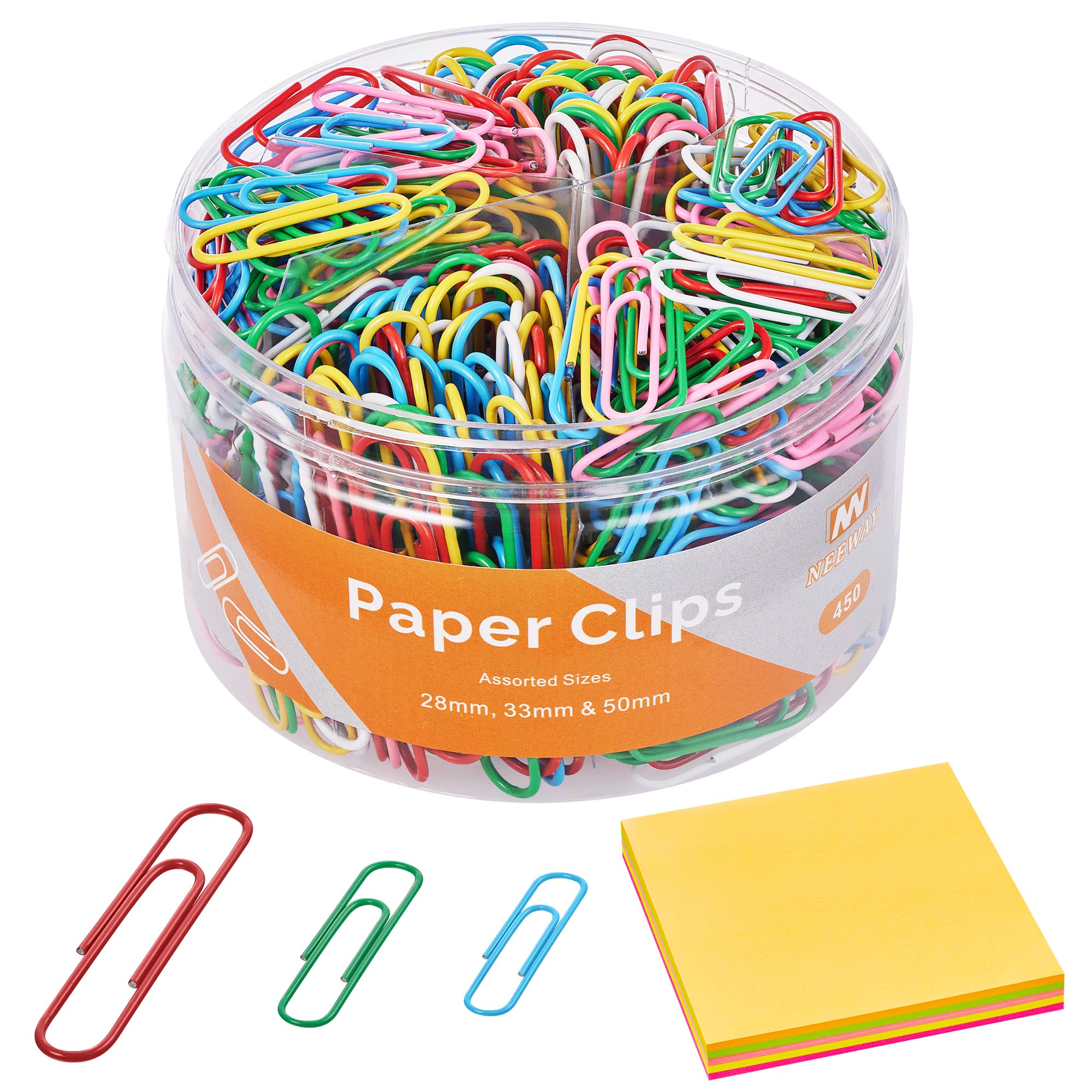 NEEWAY 450pcs Paper Clips Assorted Sizes with 100 Sheets Sticky Notes Set, Colored Paperclips for Office Document Organizing