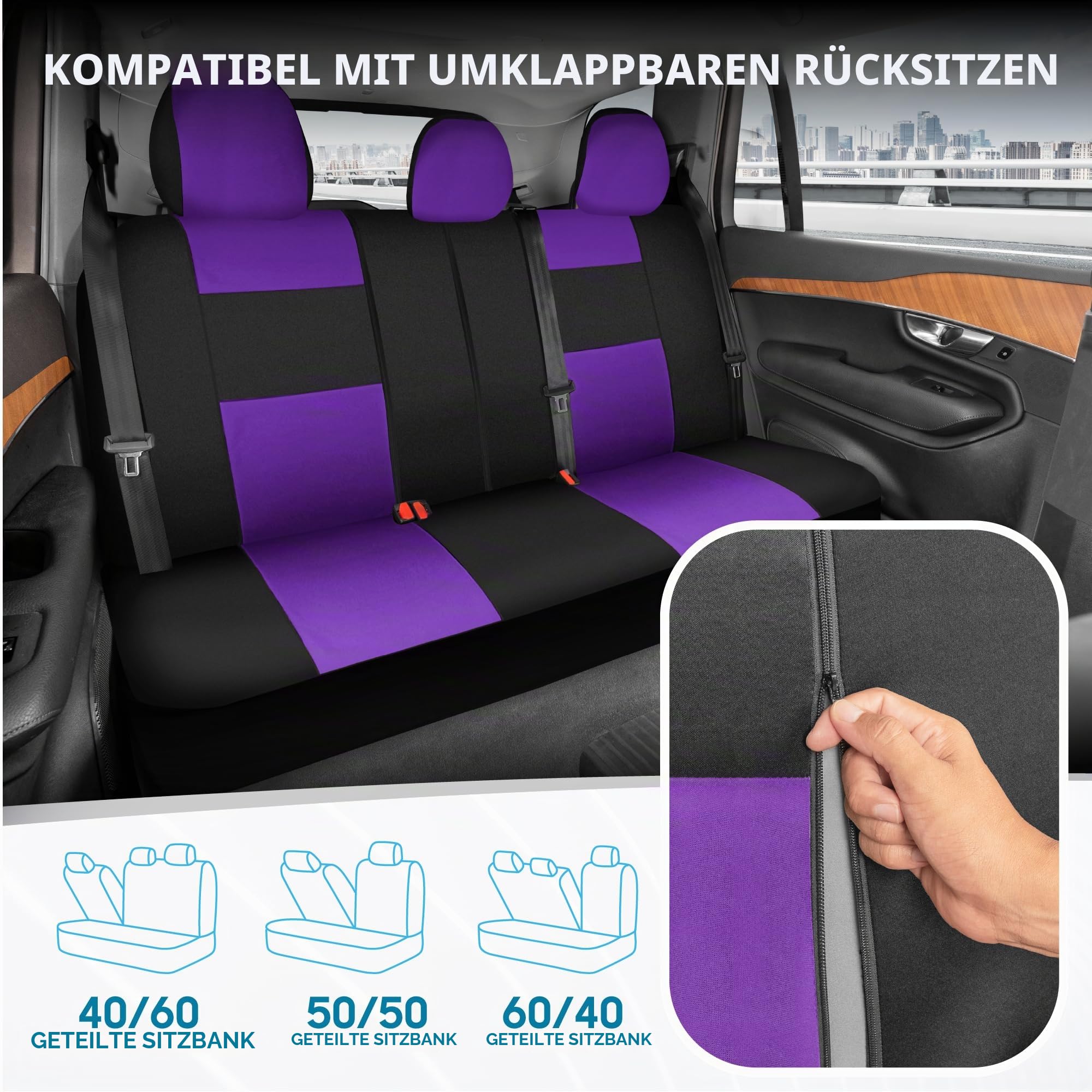 BDK PolyPro Autositzbezüge Komplettset in Lila auf Schwarz, vorne und hinten Geteilte Sitzbezüge für Autos, Autositzbezug-Set, Autozubehör für Auto, LKW, Van, SUV - Lila