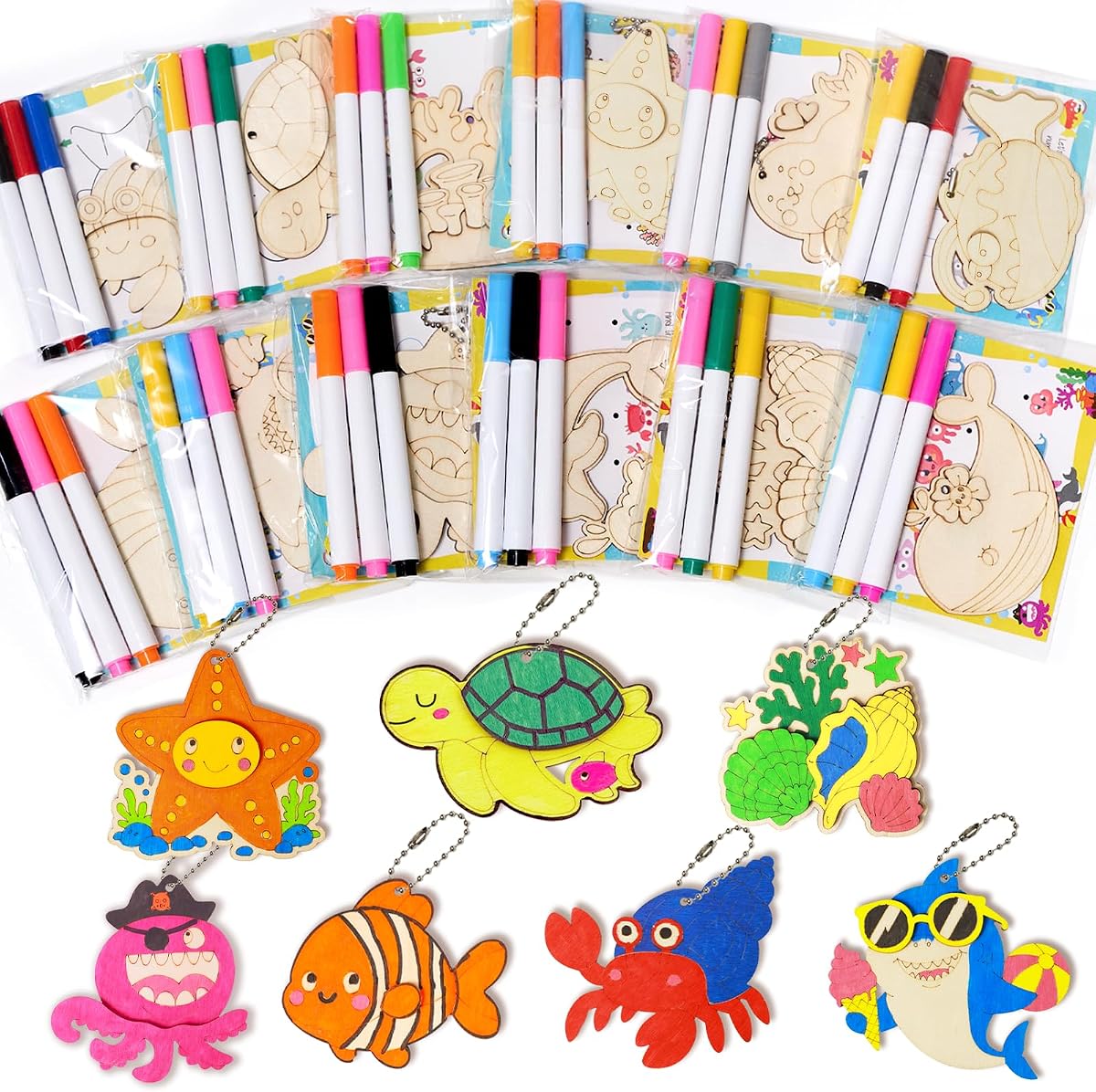 12 Pack Under the Sea Party Favors, Pre-Packaged Wooden Painting Craft Kits