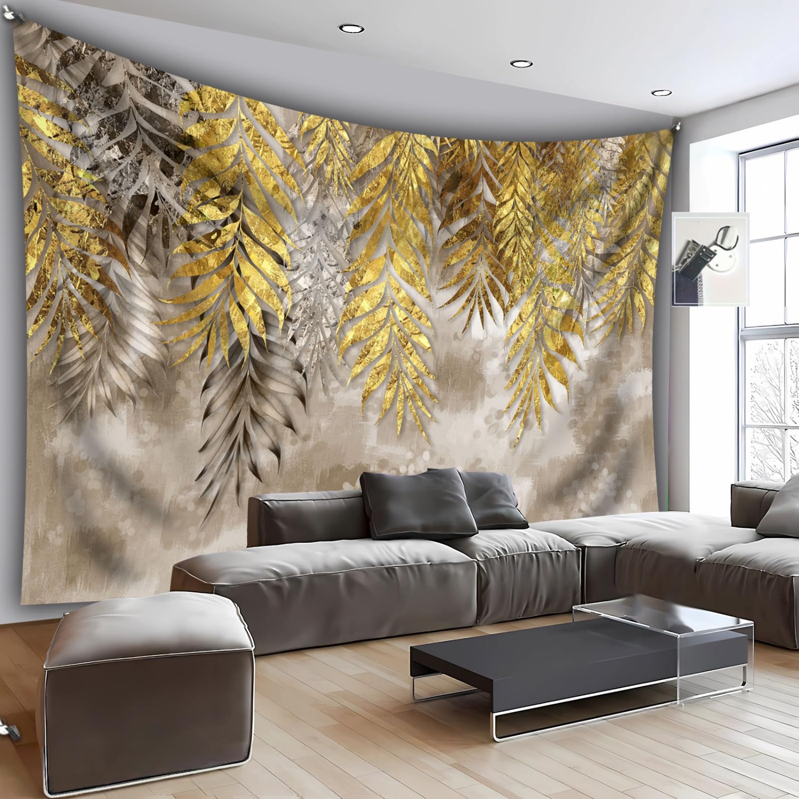 Arsey Tapestry with Vintage Gold Leaf Plant Leaves Wall Cloth, Grey Gold Design Tapestry Aesthetic for Bedroom Living Room Sofa Background Decoration, Yellow, 320 x 240 cm โ image 1