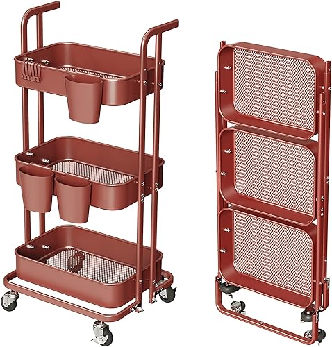 Carrito plegable de 3 niveles, carrito de metal con ruedas, 3 tazas colgantes y 6 ganchos, carrito plegable para sala de estar, cocina, baño,