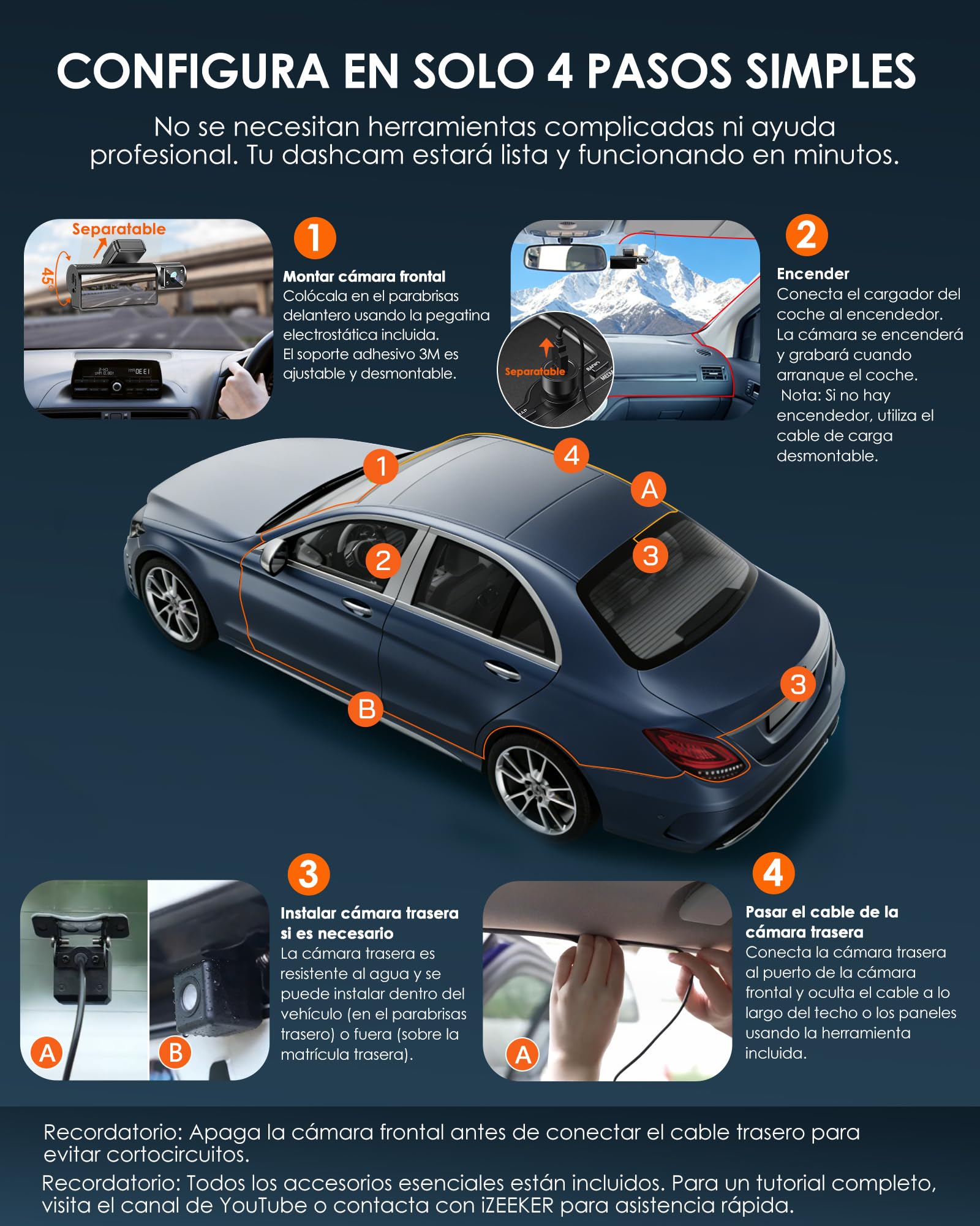 iZEEKER 3 Canales 4K Dashcam con Tarjeta de 32GB GRATIS, Cámara Coche Frontal, Trasera e Interior 4K+1080P+1080P con WDR, Visión Nocturna IR, WiFi 6, Ángulo 170°, G-Sensor, Modo de Estacionamiento 24H
