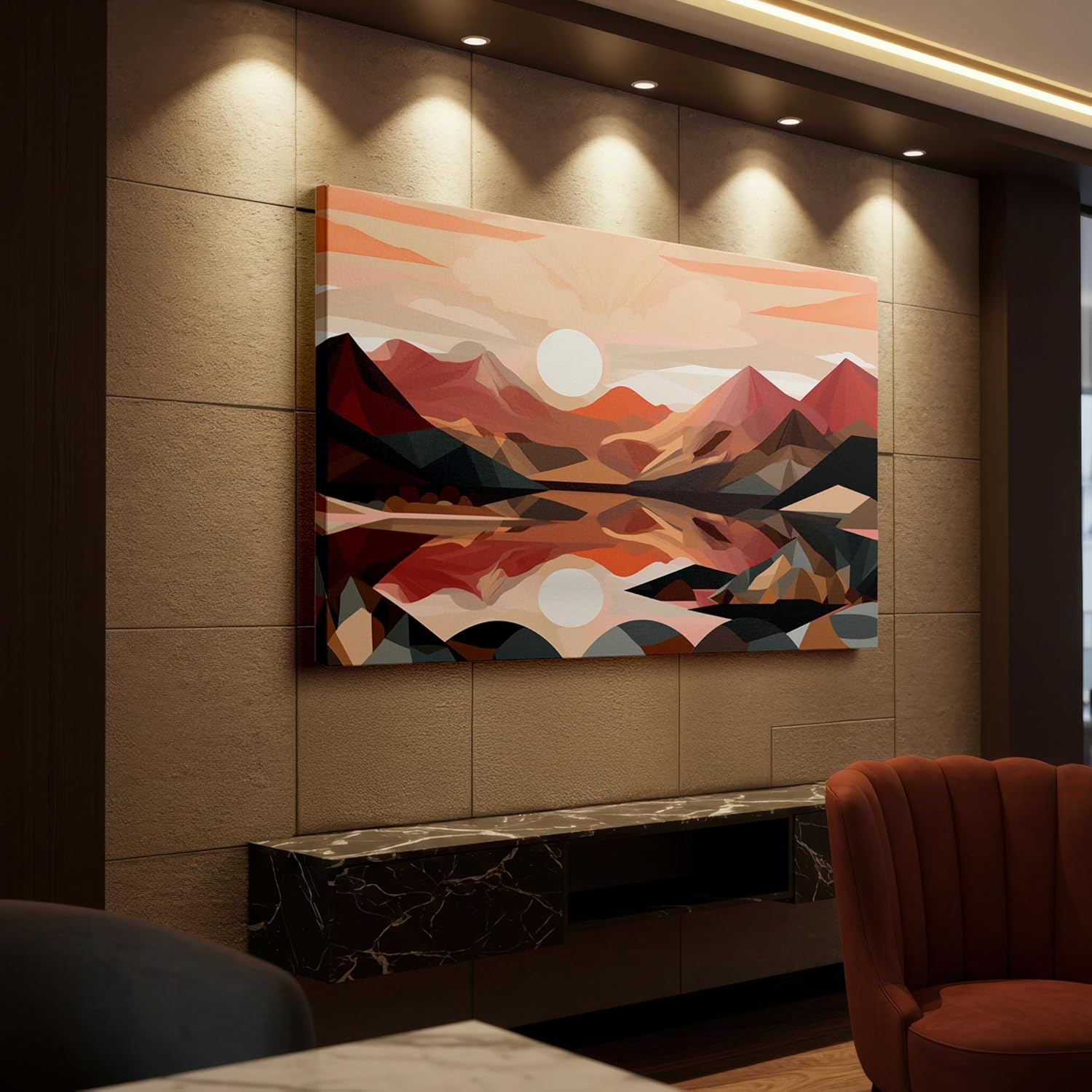 Canvas for Living room. Sunset Serenity in Geometric Wonders: A Digital Vista of Tranquil Mountains and Reflective Lake, 27 x 18 inch Canvas Wall Art - Contemporary Masterpieces - Modern Home Decor