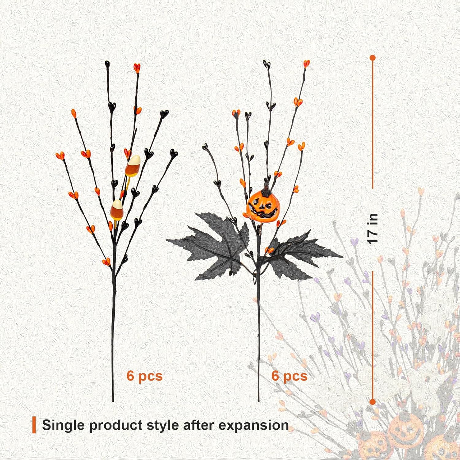 12 PCs Gothic Halloween Flowers Artificial Orange Black Stems Spooky Halloween Floral Picks with Candies Corn Smiling Pumpkins for Vase Floral Arrangements Table Centerpieces Decorations