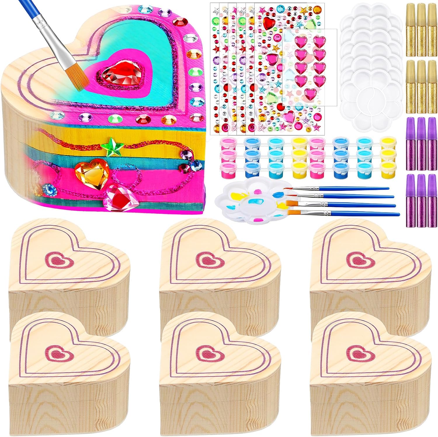 Jenaai 6 Pack Paint Your Own Wooden Kids Heart Treasure Box