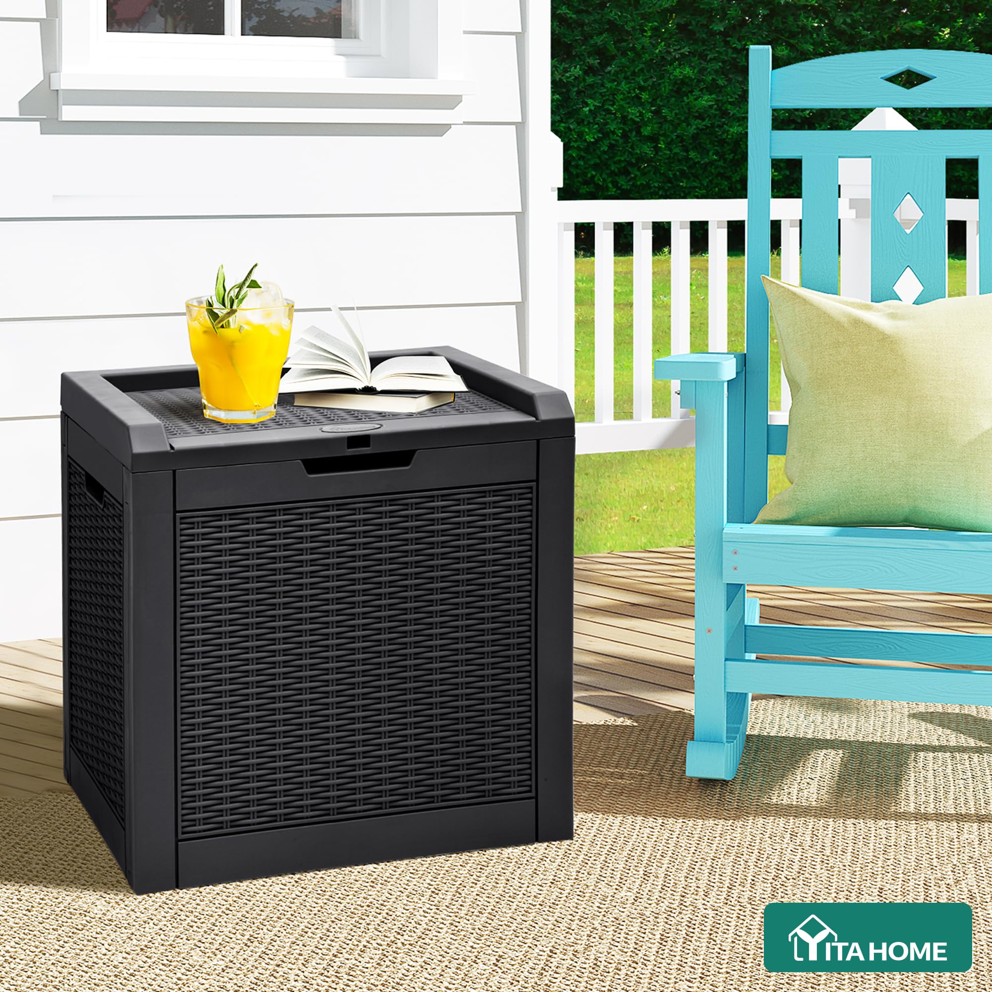 YITAHOME 118L Outdoor-Aufbewahrungsbox Rattan-Optik, Wetterfeste Resin-Box mit Schloss & Griffen, Gartenbox für Kissen, Poolzubehör & Werkzeug, Schwarz