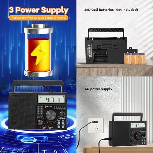 Miniatura 5 de Radio portátil AM FM SW con altavoz Bluetooth, pantalla LCD, hora, operado por baterías recargablesDenchufe de CA en pared, altavoz grande, conector