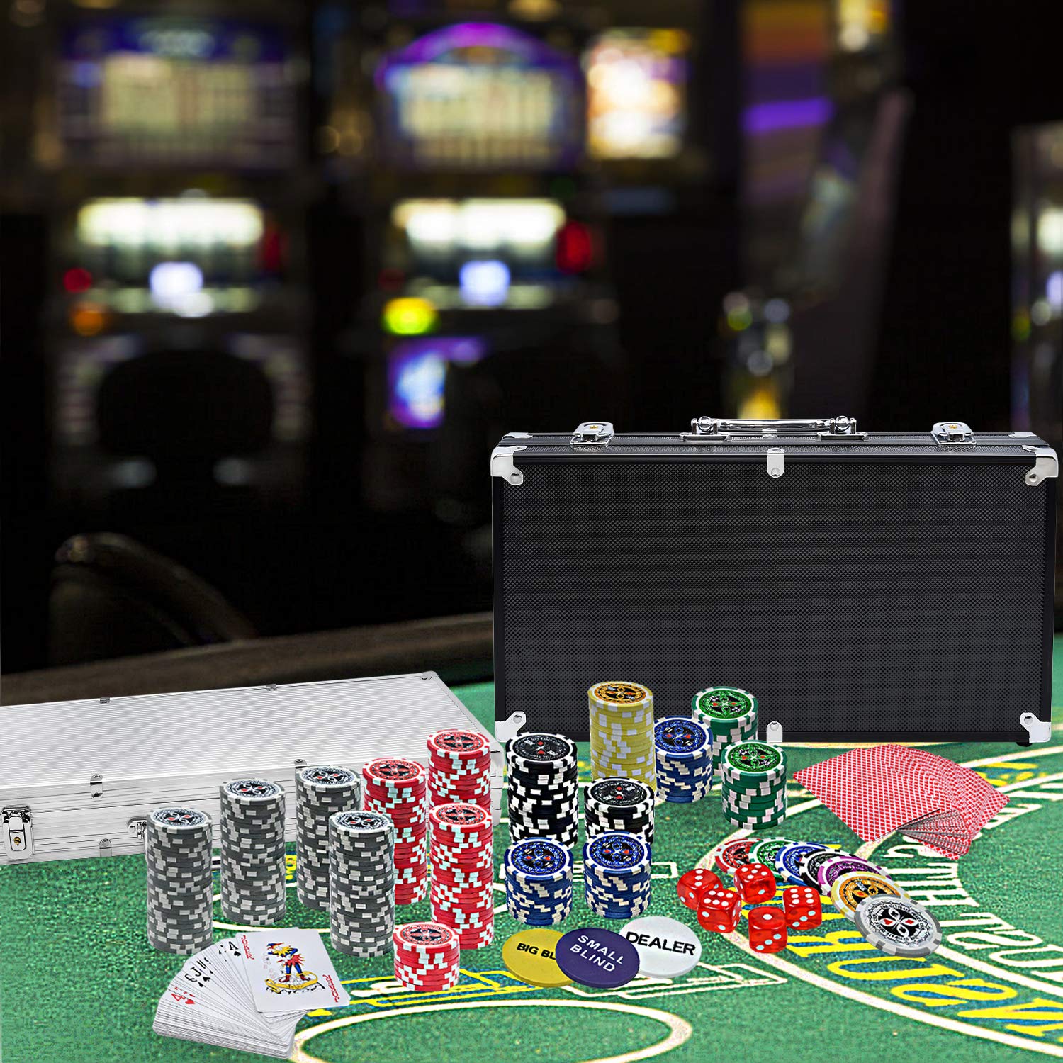 Froadp Set da poker professionale 500 fiche laser da poker con valigetta, gioco da poker con custodia in alluminio, set completo da poker incluso 2 mazzi di carte da poker, 3 gettoni per il dealer, 5
