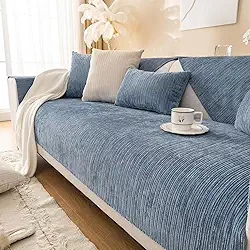 Capas de sofá de chenille texturizadas, listradas, simples, antiarranhões, lavável, antiderrapante, azul, 70 x 180 cm