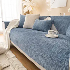 Capas de sofá de chenille texturizadas, listradas, simples, antiarranhões, lavável, antiderrapante, azul, 70 x 180 cm