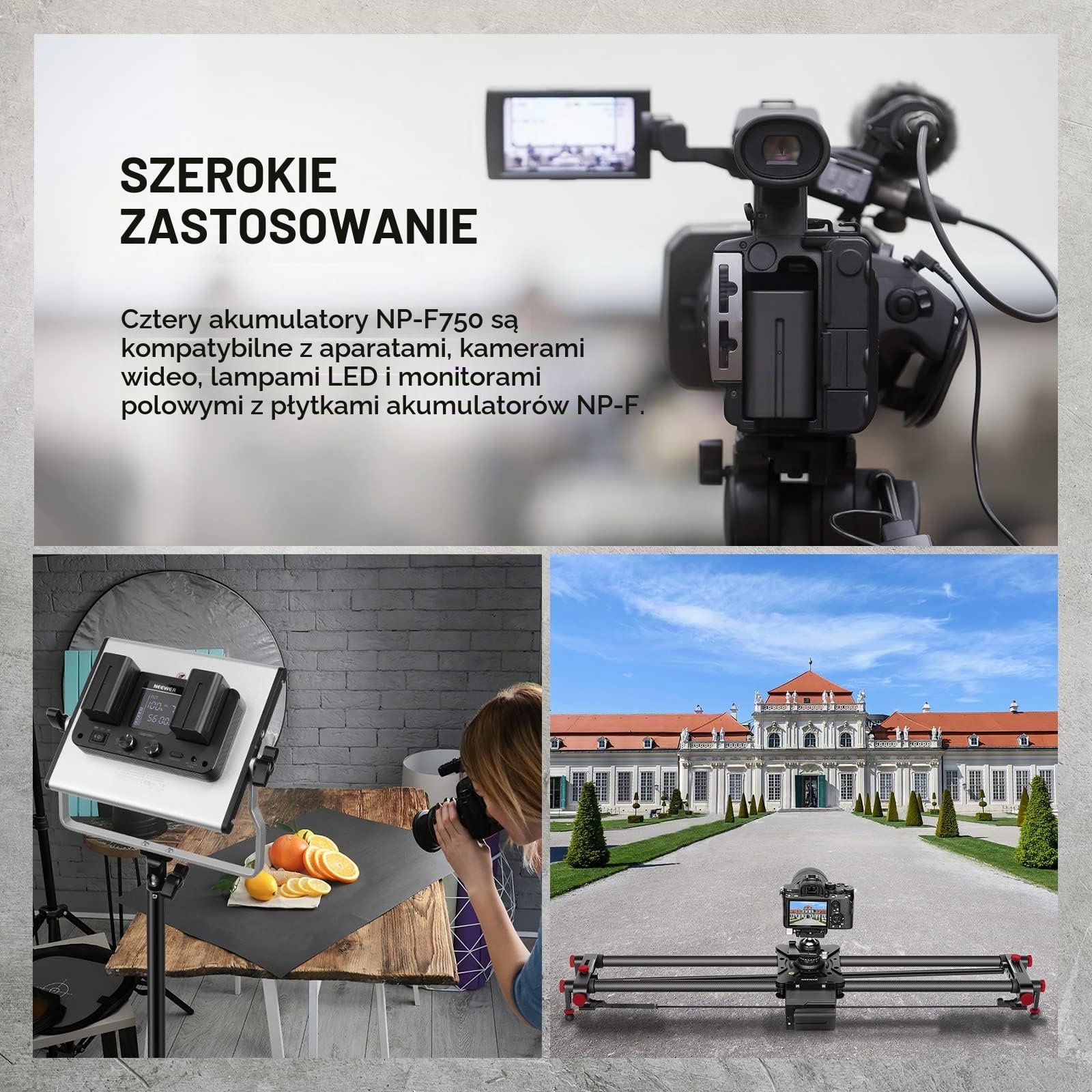 NEEWER 4 szt. NP-F750 7,4 V 5600mAh Wymienna bateria z 4-kanałową ładowarką i zasilaczem, kompatybilna z NP-F550/750/770/970 FM500H QM71D QM91D, monitory polowe, lampy wideo
