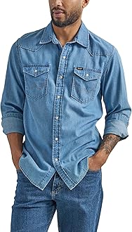 mens Iconic Denim Regular Fit Snap Shirt Button Down Shirt