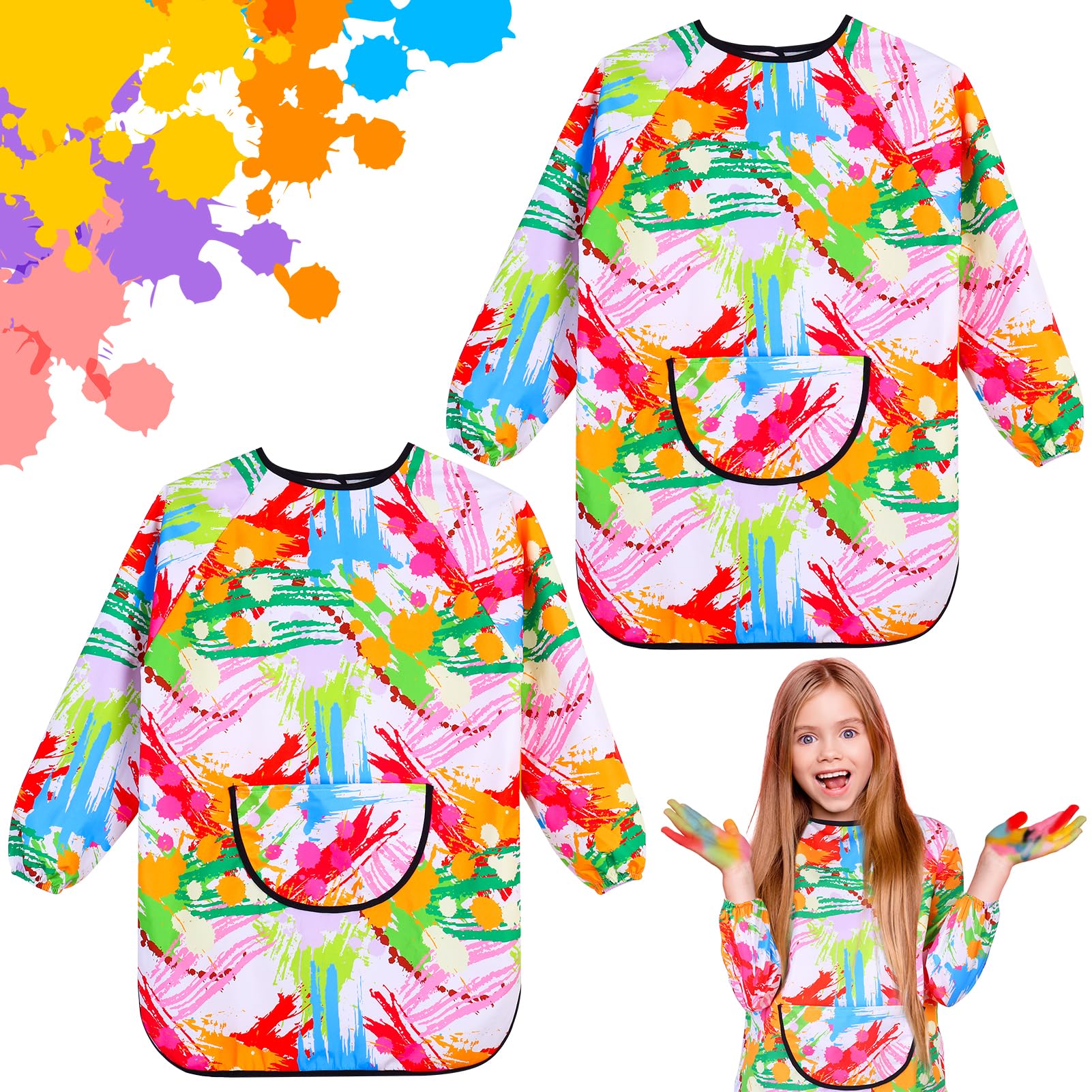 2Pcs Kids Art Aprons for Age 7-12 Years Girls Boys,Waterproof Graffiti Painting Aprons Long Sleeves with Pockets,Kids Painting Smock Toddler Children,Play Apron for Painting,Craft,School,Stripe