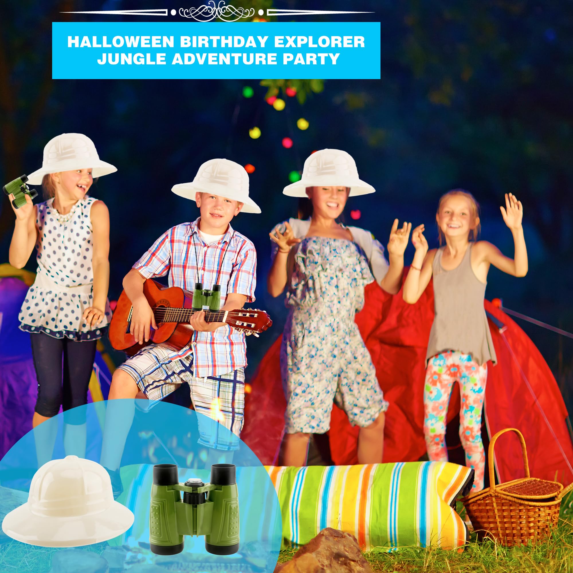 Puteraya 16 Pcs Kids Safari Party Favors Kit 8 Plastic Binoculars Toys 8 Explorer Hats for Boys Girls Bird Watching Costume Dress Up Gifts Jungle Pretend Play - Image 4