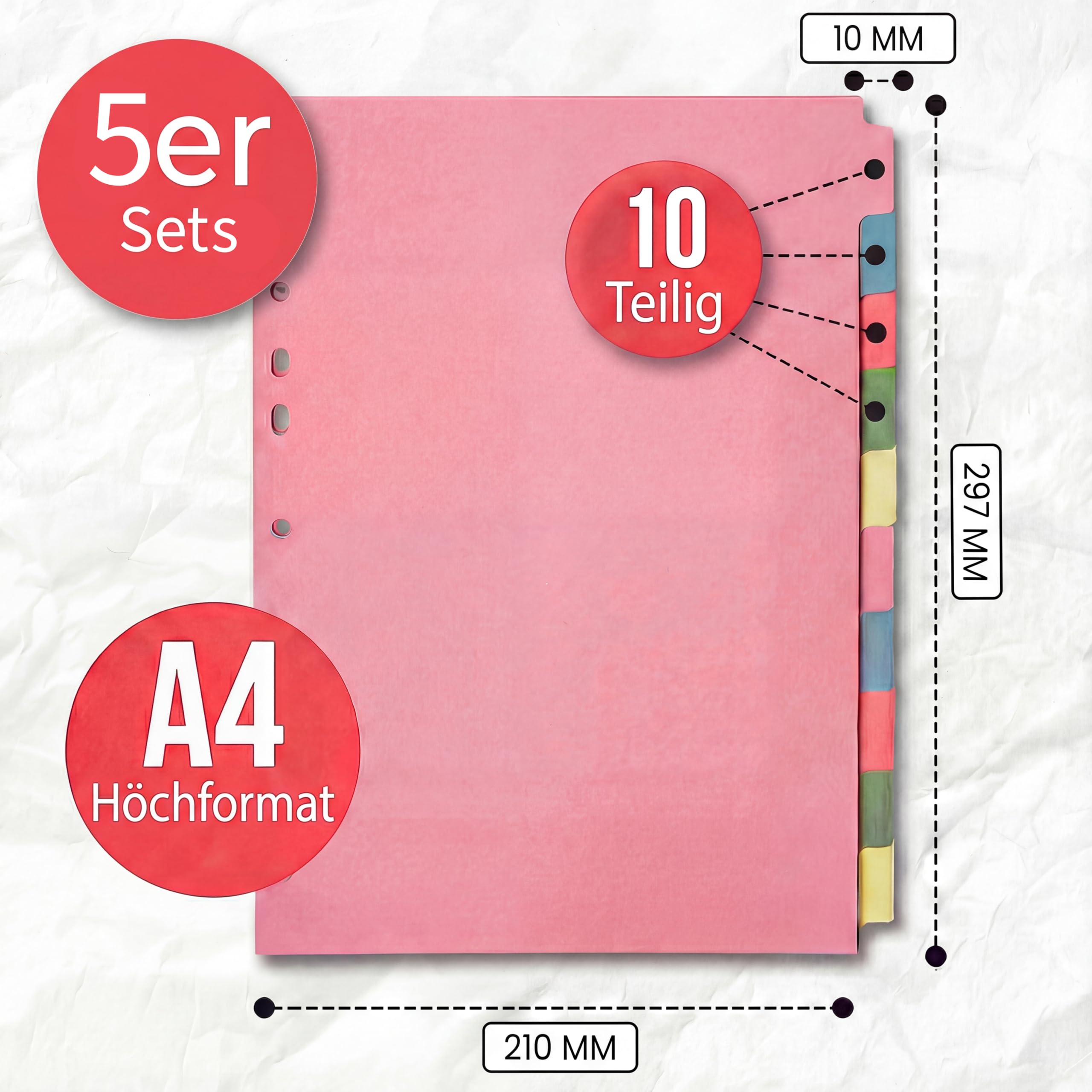 The Paper Shop A4 Ordner Register Unterteiler Hochformat 150 g/m² | 5 Pack | 10-Teilig Mehrfach Gelocht Aus Stabiler Pappe | Farbige Trennblätter für Dokumente Büro Schule Archiv Organisation