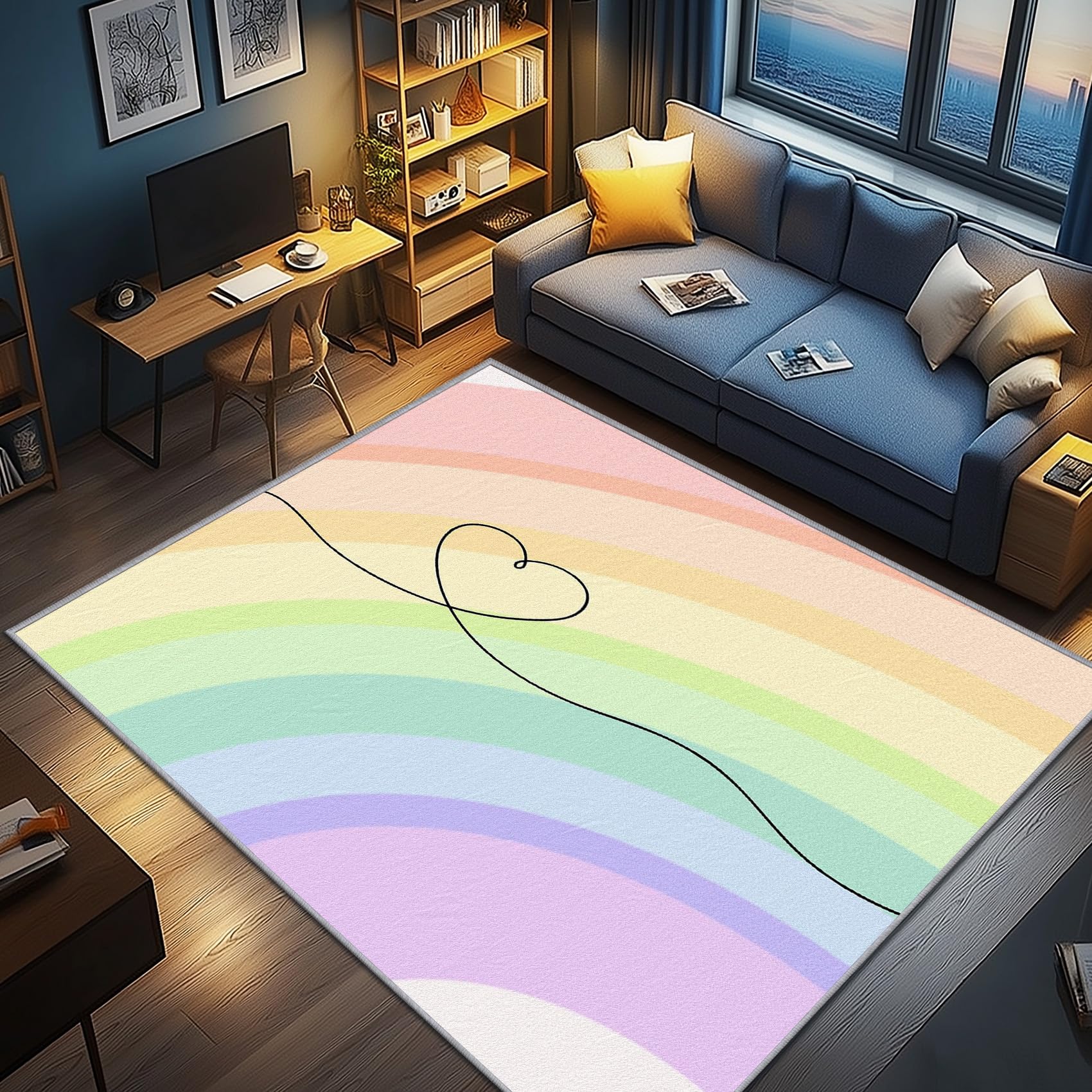 Regenbogen Deko, Bunt Teppich 100x150 Kurzflor, Teppich Wohnzimmer Herz, Weich rutschfest Waschbare Teppiche, Bettvorleger Schlafzimmer Kinderzimmer