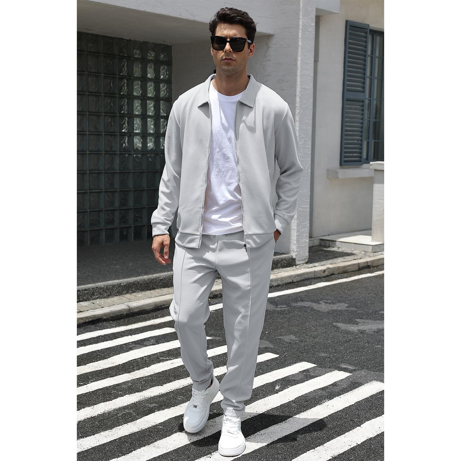 Ensemble de 2 Pièces Veste & Pantalon Waffle Manches Longues Zipper pour Homme Survêtements Sport Travail