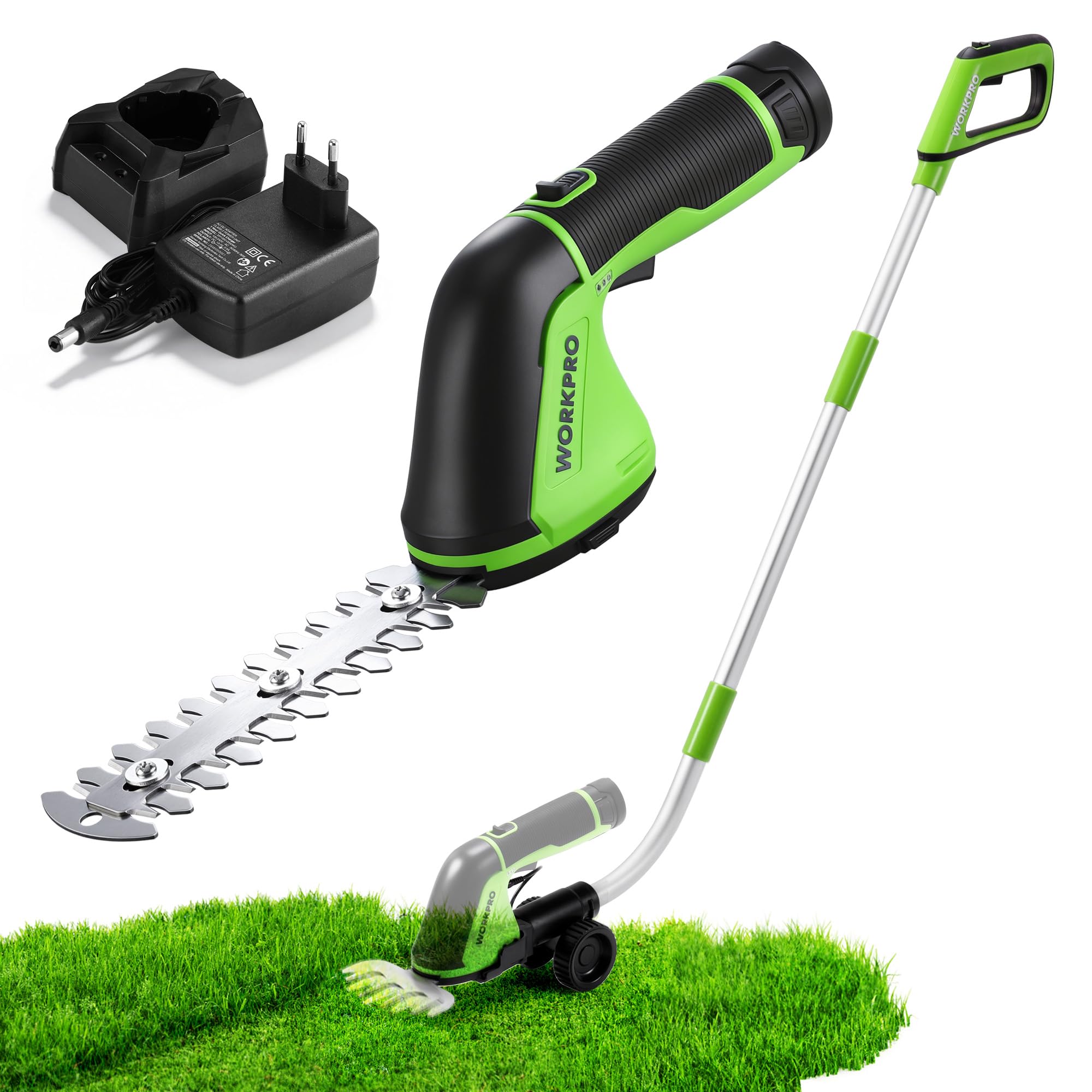WORKPRO 3-en-1 Cisaille à Gazon et Taille-Buissons sans Fil 12V, Manche Télescopique avec Roues, Batterie Lithium 2000mAh, Lames Acier Précises, Outil Jardin Léger et Ergonomique