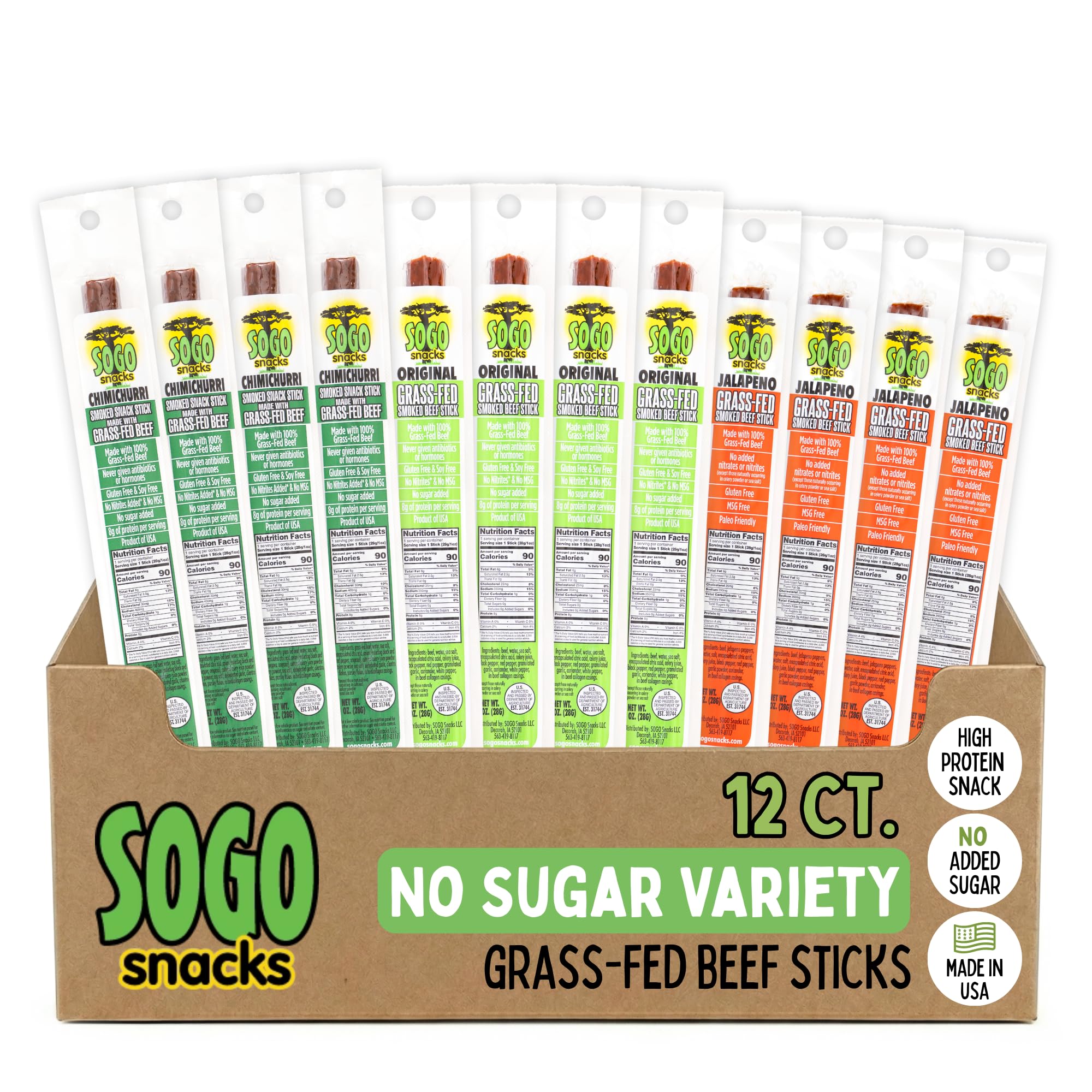 Sugar-Free Beef Jerky Variety Pack, 100% Grass Fed Beef Sticks. Non-GMO. No Added Nitrates, Gluten, Soy, MSG, Dairy or Nuts. Paleo, Whole30, Keto Snack. (4 Original, 4 Chimichurri, 4 Jalapeno, 12-Cnt)