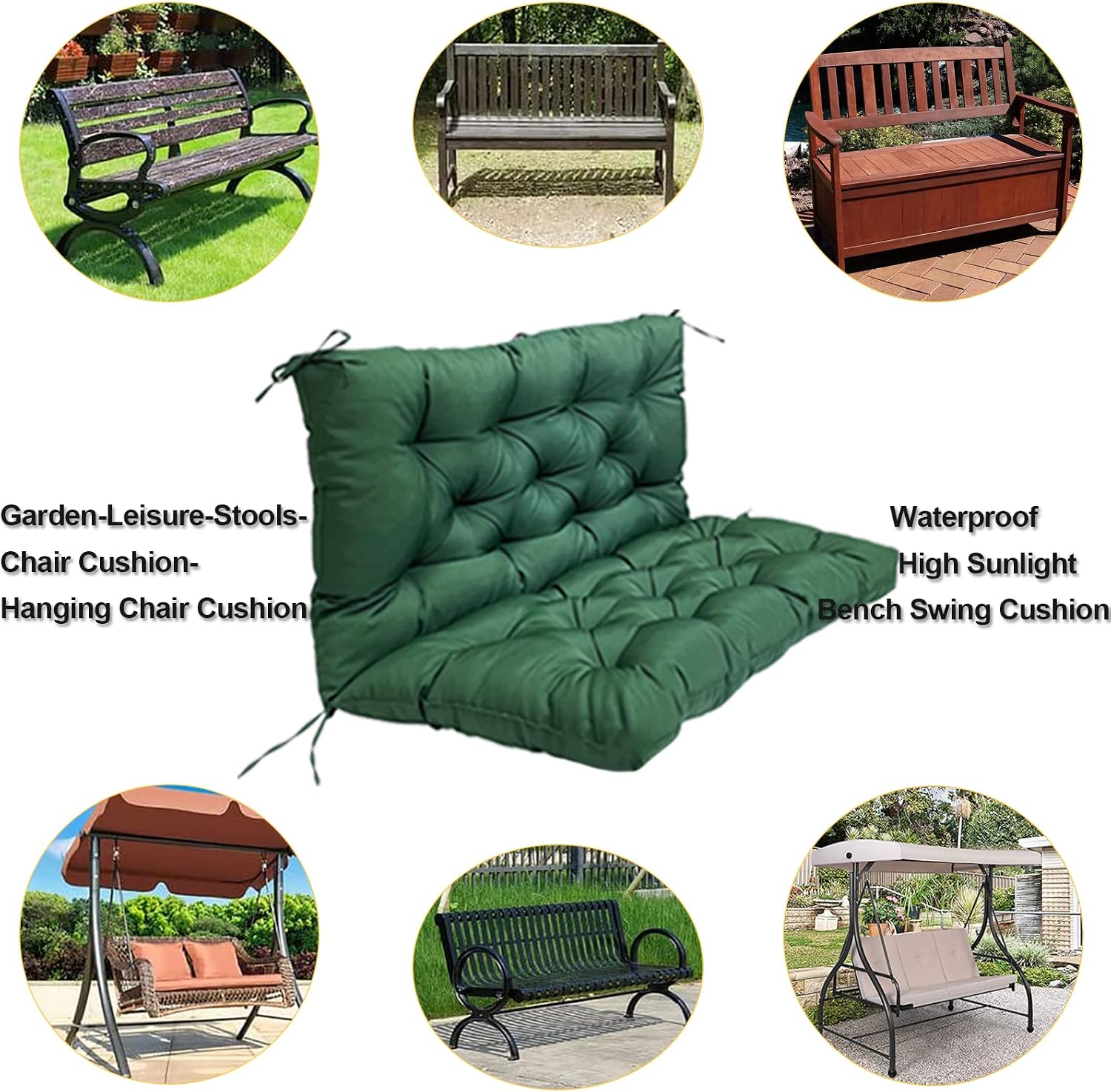 3 Seat Outdoor Swing Cushions Replacement, Waterproof Porch Swing Cushions Non-Slip Overstuffed Swing Pad, Indoor Outdoor Bench Cushion for Garden Patio (Dark Green 60x40in)