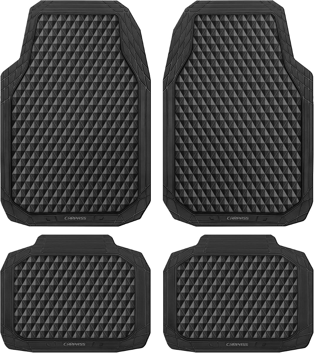 Black Rubber Car Mats, All-Weather Floor Mats Full Set Durable Anti-Slip 3D Rhombus Waterproof Automotive Pad Trim to Fit Liner Universal Fit for Sedan SUV Truck Van, 4 Pcs All Black Rubber