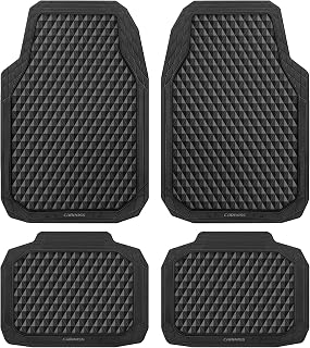 CAR PASS All-Weather Black Rubber Floor Mats 4-Pc Set, Anti-Slip 3D Rhombus Waterproof Universal Trim-to-Fit for SUV Truck Sedan Van