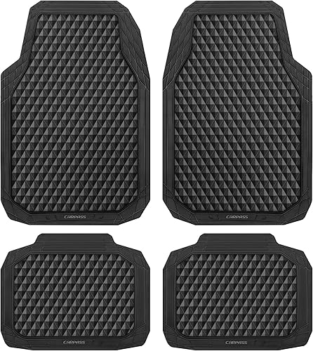 CAR PASS Black Rubber Car Mats, All-Weather Floor Mats Full Set Durable Anti-Slip 3D Rhombus Waterproof Automotive Pad Trim to Fit Liner Universal Fit for Sedan SUV Truck Van, 4 Pcs All Black Rubber