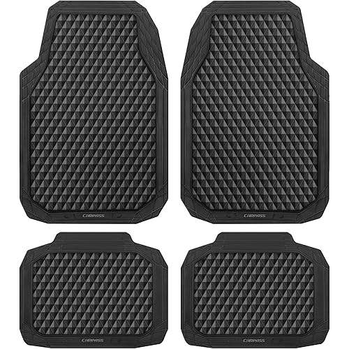 CAR PASS Black Rubber Car Mats, All-Weather Floor Mats Full Set Durable Anti-Slip 3D Rhombus Waterproof Automotive Pad Trim to Fit Liner Universal Fit for Sedan SUV Truck Van, 4 Pcs All Black Rubber