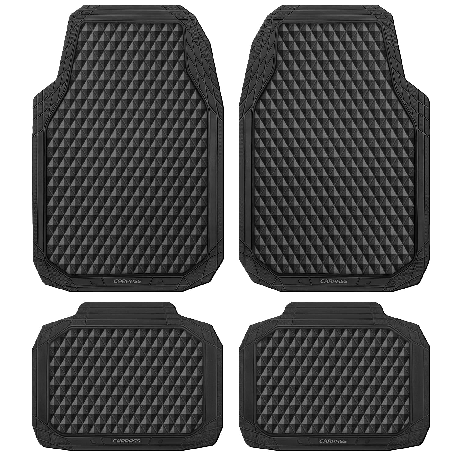 CAR PASS Black Rubber Car Mats All-Weather Floor Mats Full Set Durable Anti-Slip 3D Rhombus Waterproof Automotive Pad