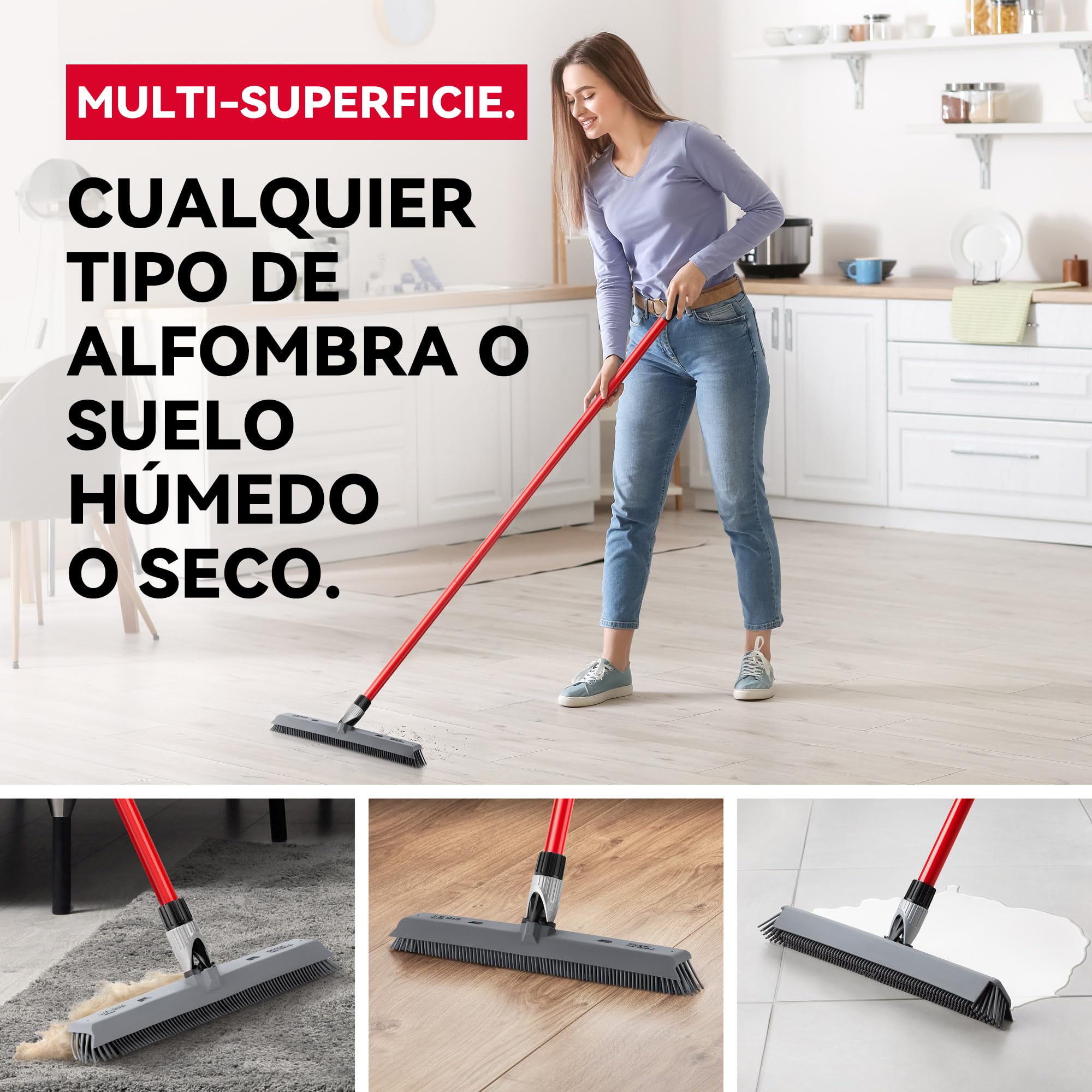 Tyroler Escoba de Goma para Suelo y Haragán 2 en 1 | 41 cm Cabezal de Silicona 100% | 140 cm Mango de Aluminio de 4 Piezas para Escoba de Silicona | Escobas para Barrer | Escobas Silicone Suelo