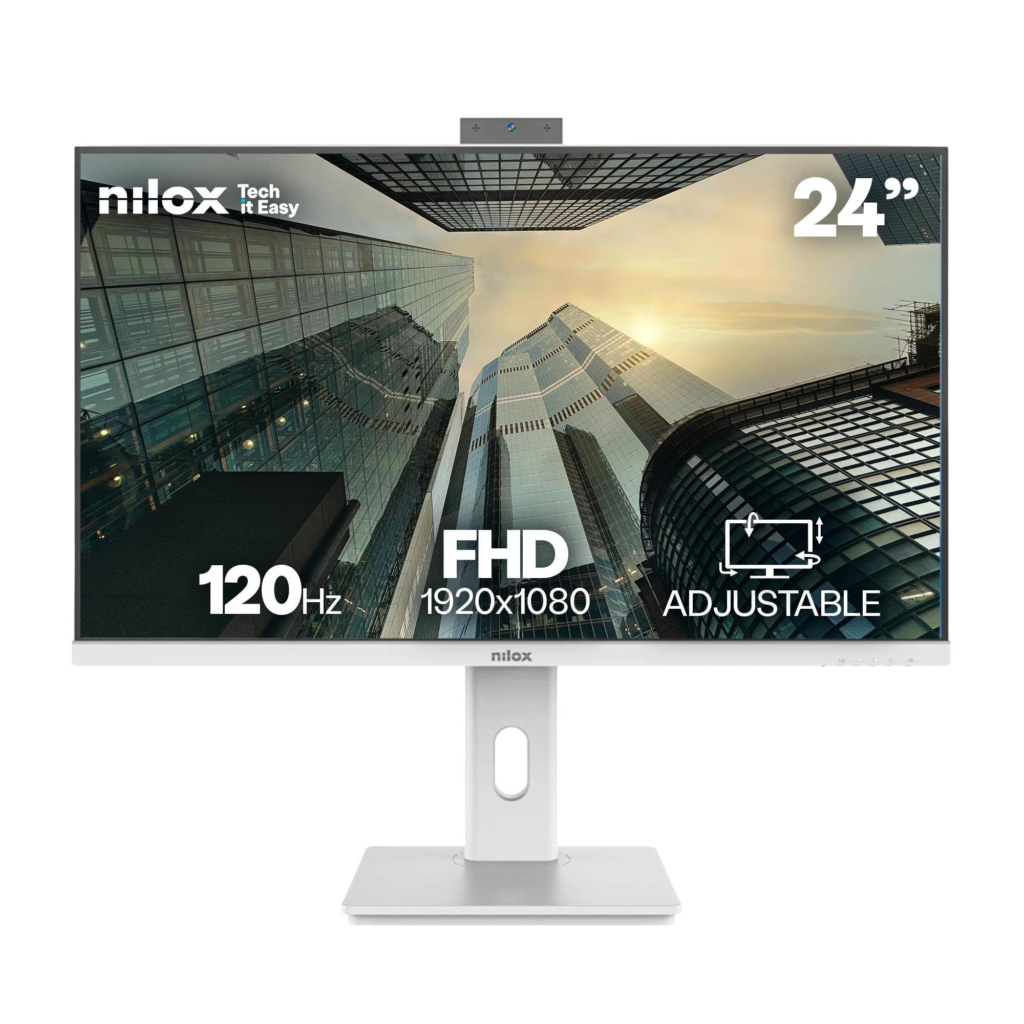 Nilox NXM24RWEB02W Monitor Business 24'' IPS Full HD 120 Hz (Bianco), Webcam FHD Integrata, Regolabile, Connessioni HDMI/DP/VGA