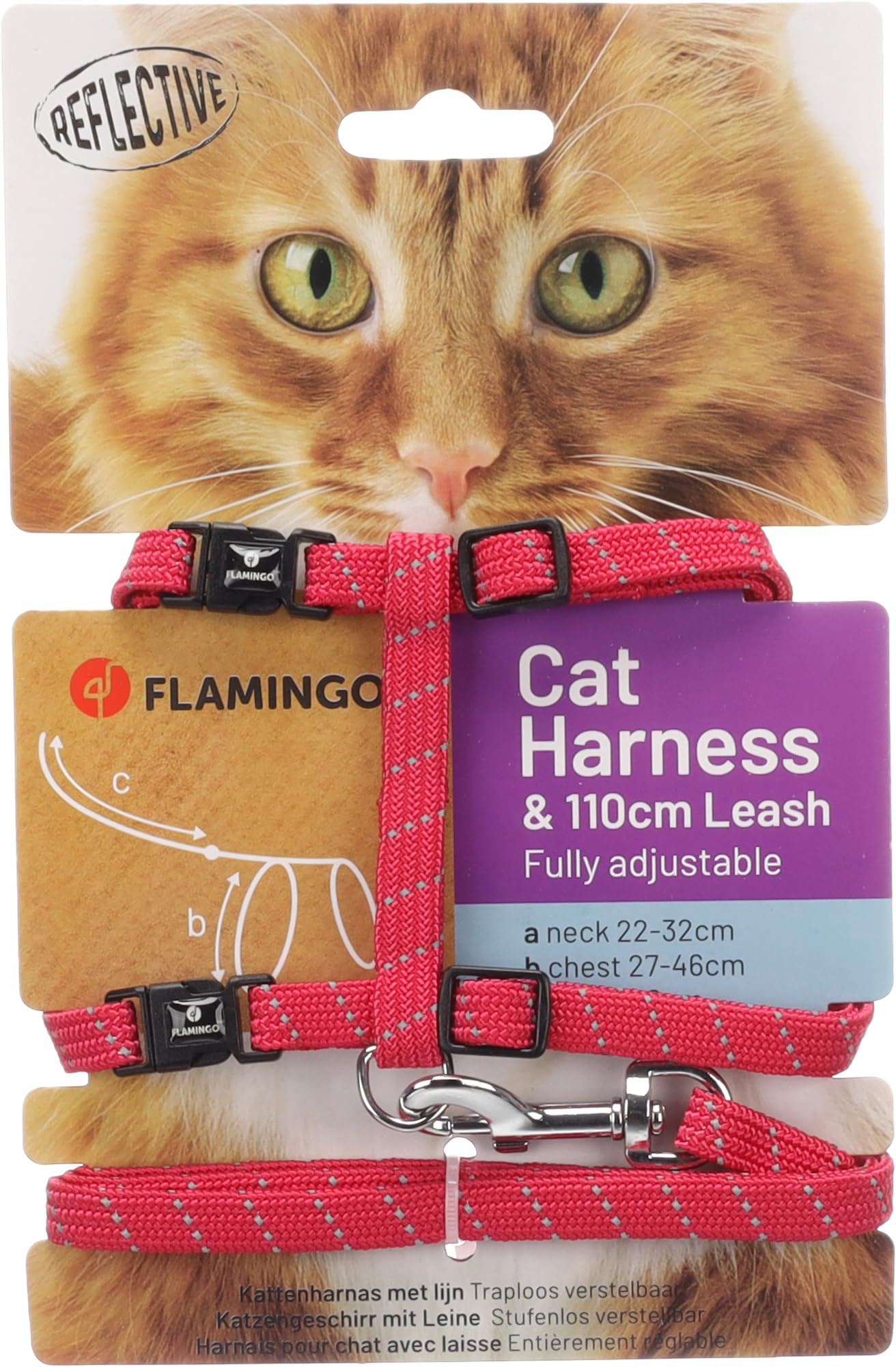 Pettorina Con Guinzaglio Per Gatto Elza Rosso Corallo, Regolabile 22-32 Cm E 27-46 Cm, Lunghezza Guinzaglio 110 Cm