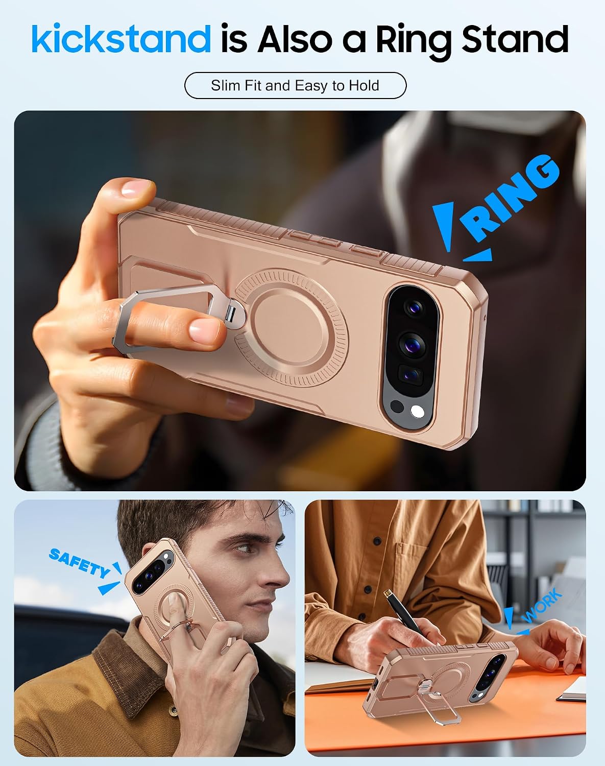 CENMASO Magnetic for Google Pixel 10 Pro XL Case with 360° Spin Stand, Fit for Magsafe, Military Grade Protection, Shockproof Case for Pixel 10 Pro XL with Kickstand & Ring Stand (Gold)