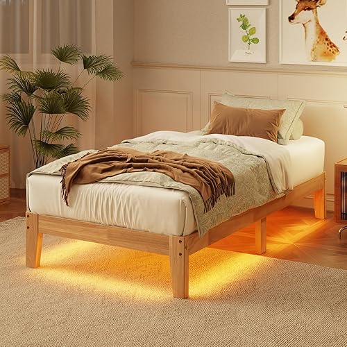 Miniatura 9 de Cama de plataforma de madera maciza de tamaño matrimonial, diseño sin ruido con soporte de listones de metal y madera, no necesita somier, fácil