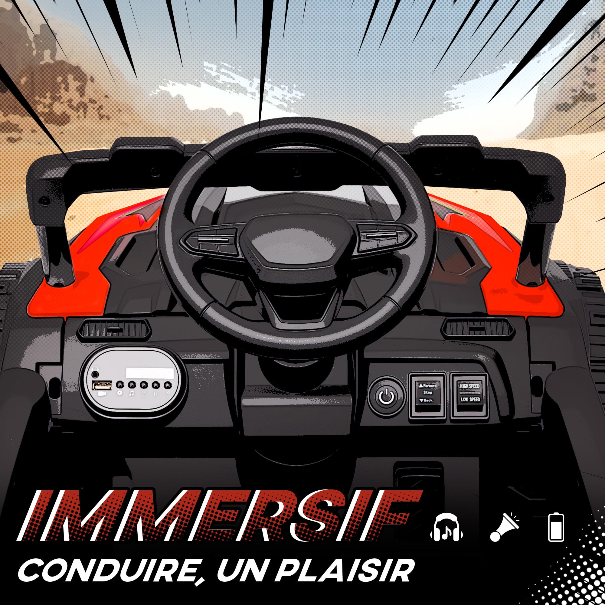 AIYAPLAY Voiture Électrique Enfant UTV, 12 V à 2 Moteurs 3-8 Ans Rouge | Buggy Électrique Enfant, avec Télécommande, Phares LED, Musique et Klaxon