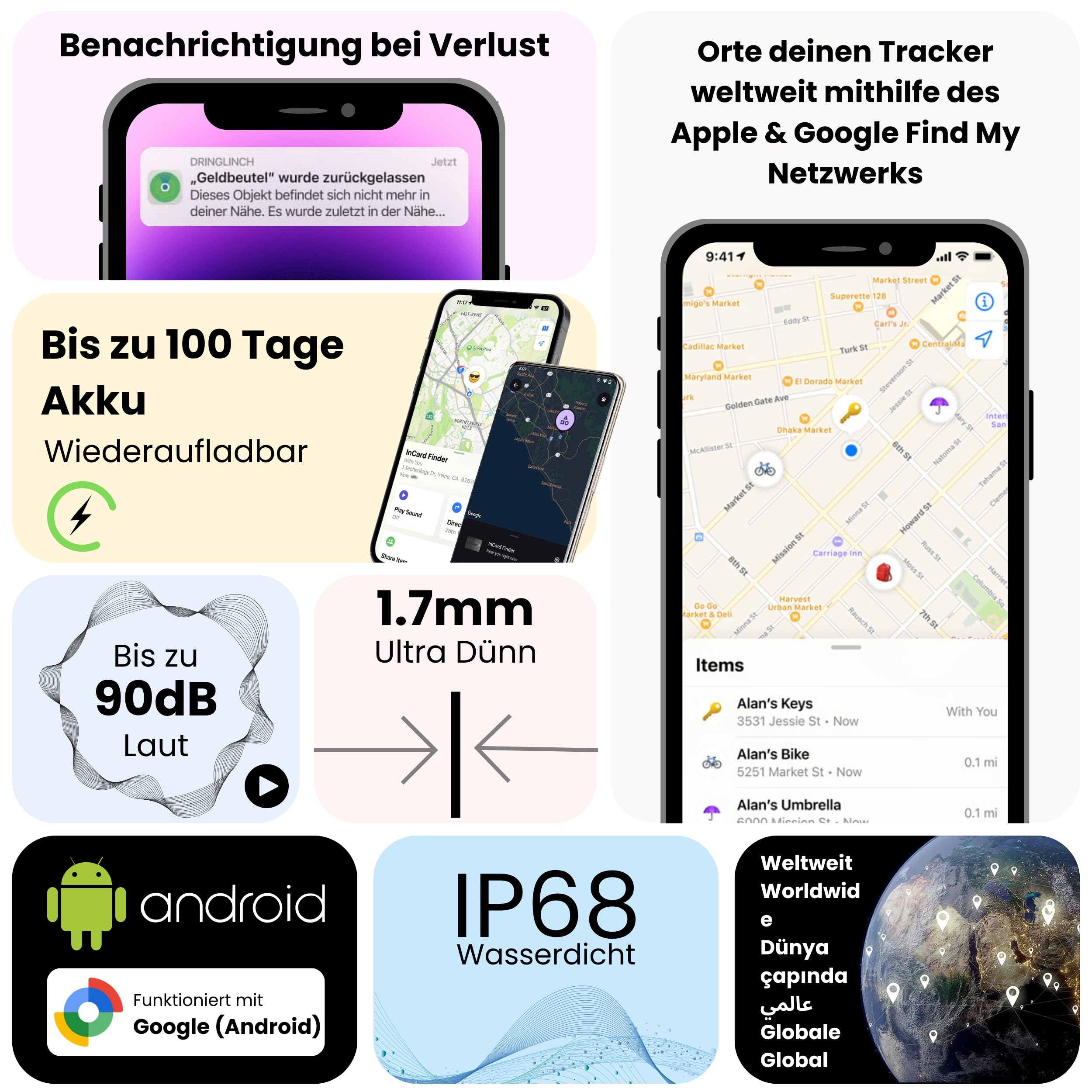 Traceur GPS Smart Tag Carte pour portefeuille [Android & iOS] Étanche Localisation mondiale iOS où se trouve et Google find My Device APP