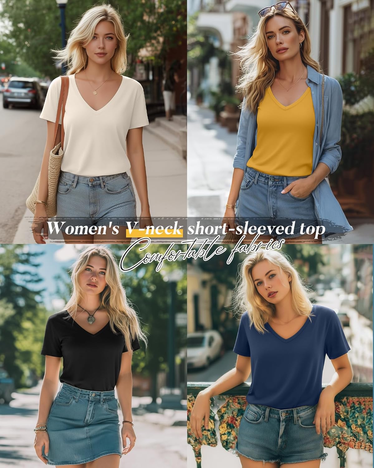 Neer 4 Pack Women's V Neck T-Shirts Short Sleeve Summer Casual Tops Loose Fit Flat Hem Plain Basic Tees - Image 2