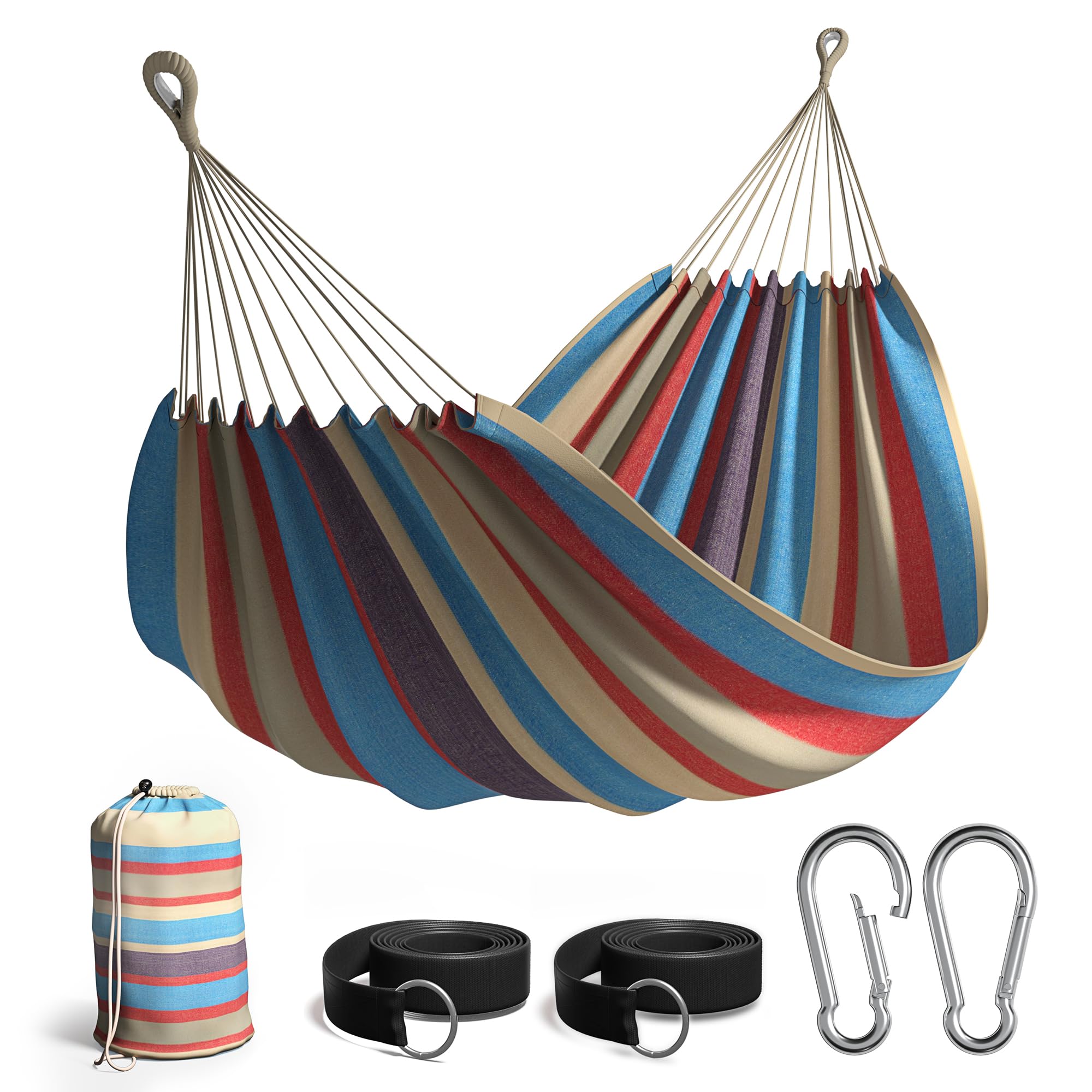 Sorbus Brazilian Double Hammock - Extra-Long Two Person Portable Hammock Bed for Indoor or Outdoor Spaces - Hanging Rope, Carrying Pouch Included (Blue/Sand/Purple/Red Stripes)