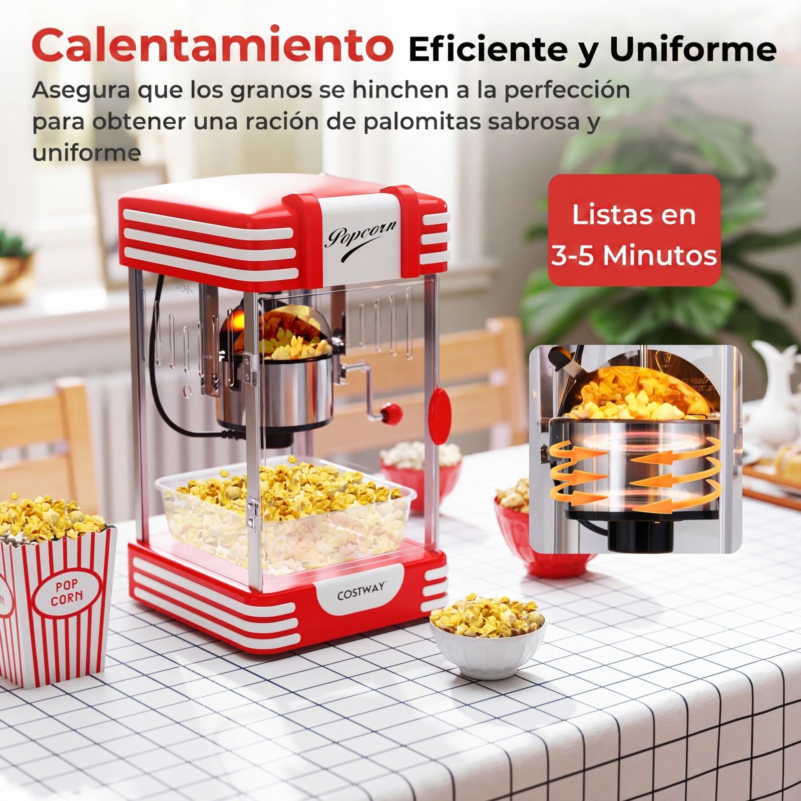 COSTWAY 300 W Palomitero Eléctrico Antiguo, Máquina de Palomitas Sobremesa con Luz Halógena, Olla de Acero Inoxidable, Cucharas para Granos y Aceite, Bandeja de Servicio, Rojo
