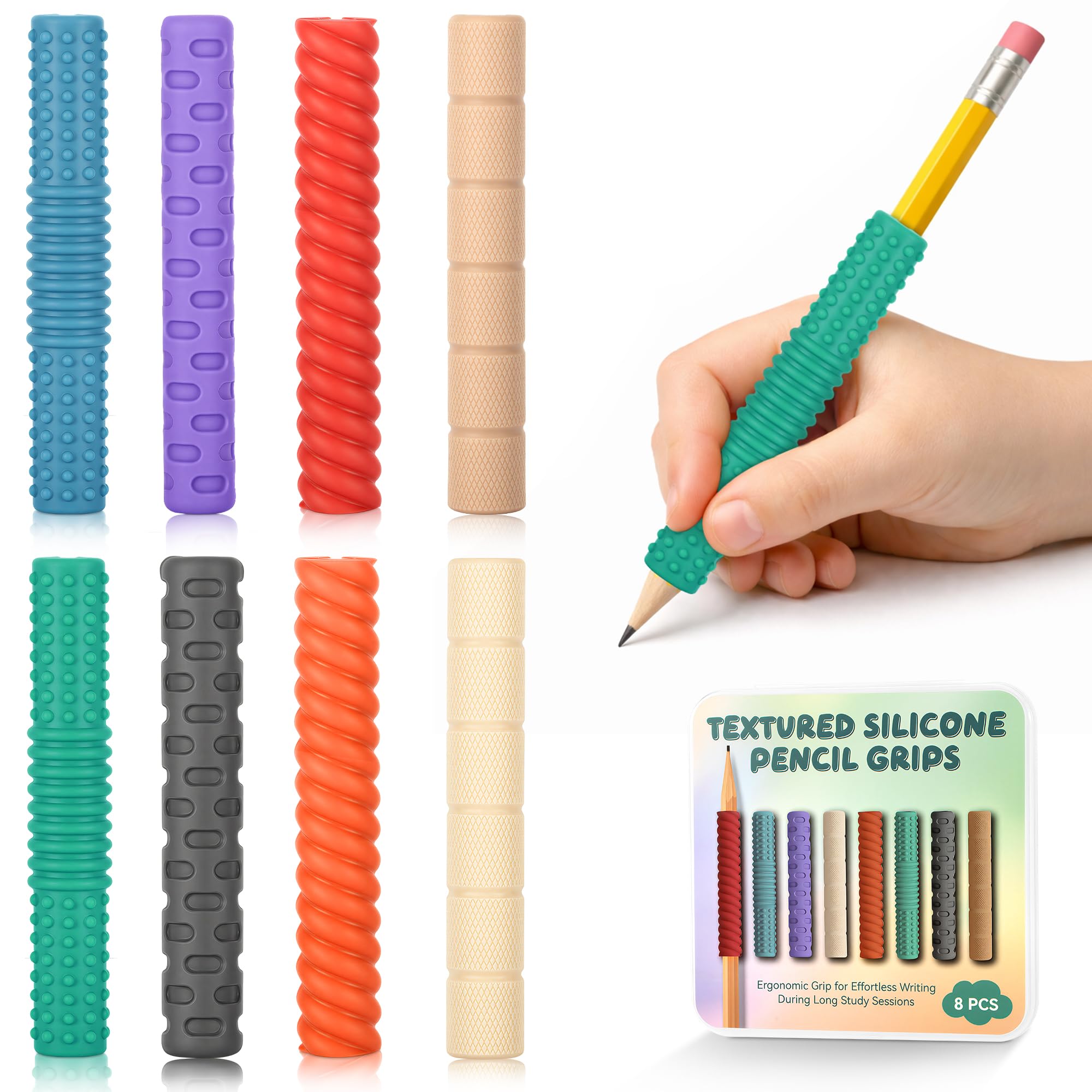 Textured Silicone Pencil Grips, Sensory Pencil Fidget Sleeves for Kids, Teens, Adults with ADHD, Autism, Anxiety Relief, Writing Aid Tools ADHD Tools (8 Packs)