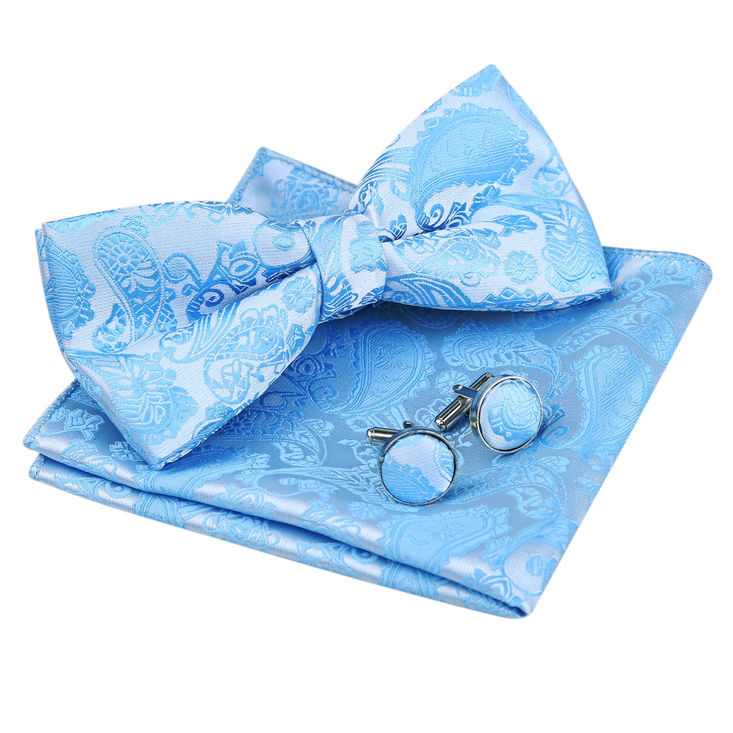 Men's Paisley Bow Tie,Hanky and Cufflinks Set (Light Blue)(Size: One Size)