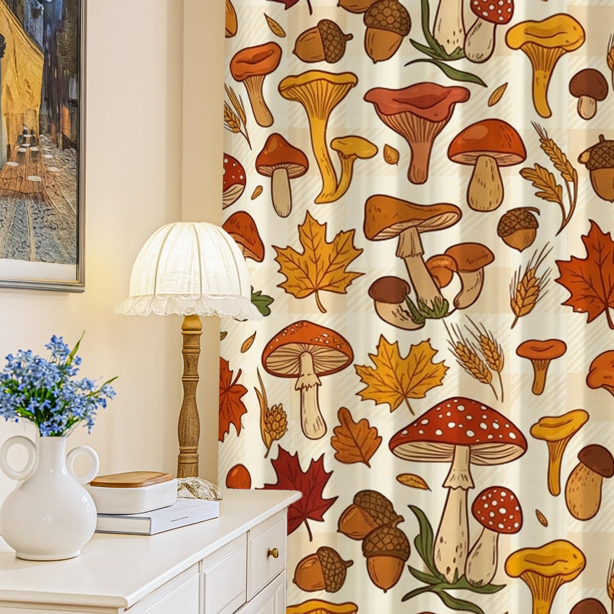 Rideaux occultants champignons et feuilles de blé style bohème 132x241 cm