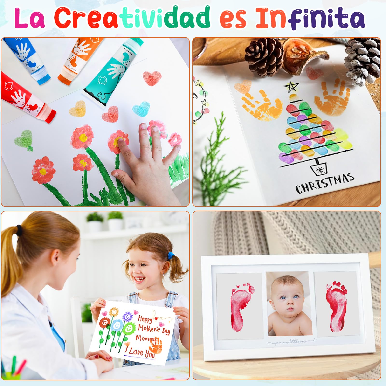 Pintura de Dedos para Niños Con Cabeza de Esponja 8 Colores No Tóxico y Lavable 75 ml/Tubo, Pintura Dedos Adecuado Para Regalos de Educación Infantil, Pintura Hecha a Mano,Regalo Navidad